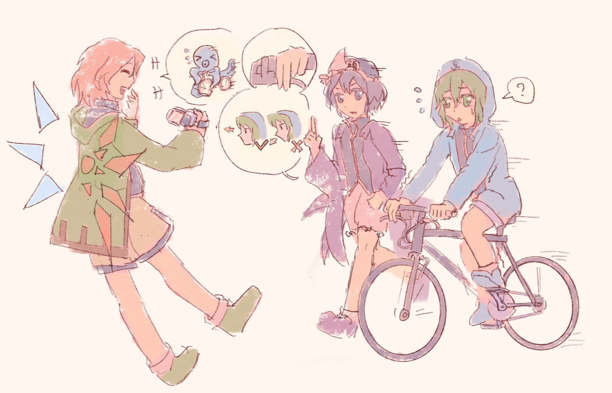 merry 765, shitodo aoji, shitodo hooaka, shitodo kuroji, len'en, highres, 3others, ?, ^ ^, annoyed, asymmetrical wings, bare legs, bicycle, bikini, black hat, black shirt, blue boots, blue jacket, blue wings, boots, brown shorts, camcorder, camera, closed eyes, coattails, collared shirt, crystal wings, detached wings, floating, flying sweatdrops, frilled headwear, frilled shorts, frills, green boots, green hair, green jacket, grey shorts, hair between eyes, hand on own face, happy, hat, high collar, holding, holding camera, hood, hood down, hood up, hooded jacket, jacket, laughing, long sleeves, looking at another, mismatched wings, mob cap, motion lines, multiple others, nervous, open clothes, open jacket, open mouth, pink shorts, pointing, pointing up, pointy nose, purple boots, purple eyes, purple hair, purple jacket, red hair, red wings, riding, riding bicycle, running, shirt, short hair, shorts, siblings, simple background, smile, socks, speech bubble, speed lines, spoken character, spoken question mark, sweatdrop, swimsuit, teeth, triangular headpiece, upper teeth only, video camera, white background, white socks, wings