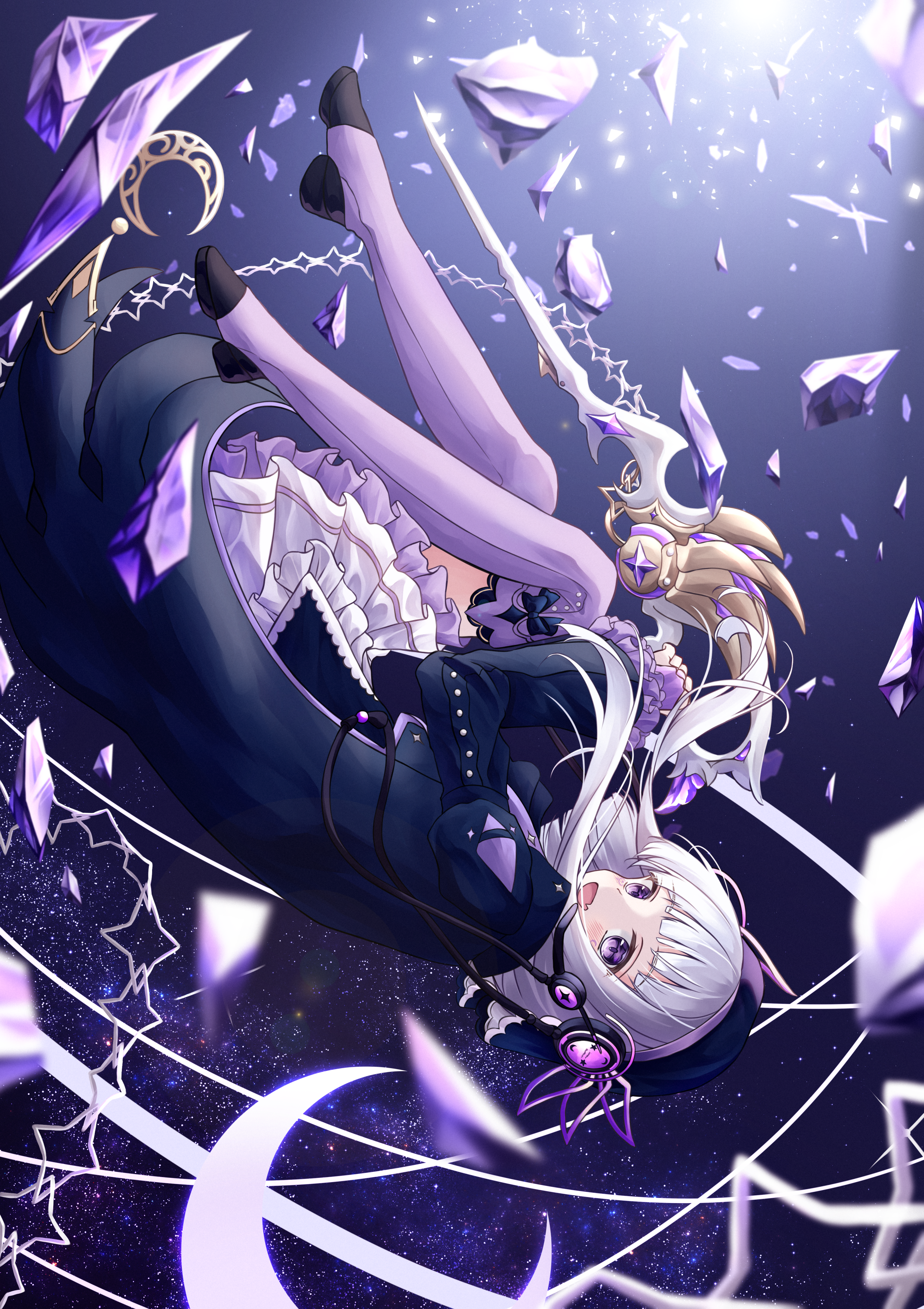 luna (arcaea), arcaea, absurdres, highres, 1girl, beret, black bow, black cape, black hat, black ribbon, black shirt, boots, bow, buttons, cable, cape, crescent, curly hair, facial tattoo, fang, frilled sleeves, frilled thighhighs, frills, fros1210, full body, glass shards, hat, large buttons, layered skirt, leg ribbon, long hair, looking at viewer, miniskirt, pleated skirt, purple boots, purple bow, purple eyes, purple skirt, purple thighhighs, ribbon, scissors, shirt, shoes, shorts, skirt, smile, solo, straight hair, tattoo, thigh boots, thigh strap, thighhighs, upside-down, white hair, wrist cuffs