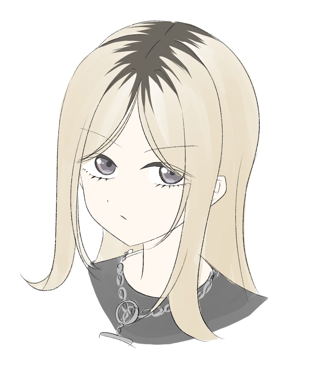 tsubuan (in taiyaki), link! like! love live!, love live!, 1girl, :/, black hair, black shirt, blonde hair, chain, chain necklace, closed mouth, cropped head, grey eyes, jewelry, long hair, long sidelocks, looking to the side, looking up, multicolored hair, necklace, oomichi hiromi, parted bangs, roots (hair), shirt, sidelocks, simple background, solo, two-tone hair, v-shaped eyebrows, white background
