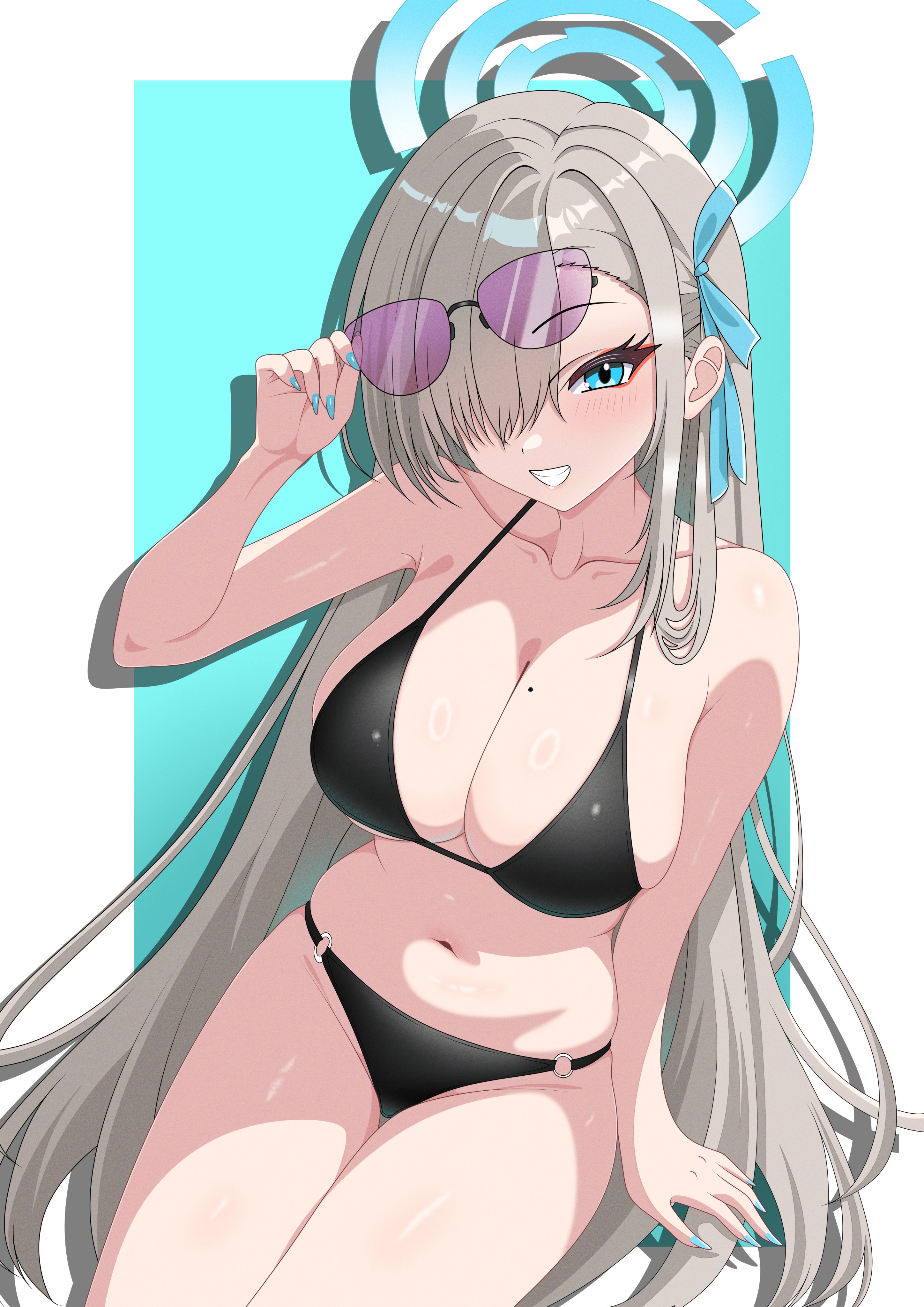 hazaky, asuna (blue archive), blue archive, absurdres, highres, 1girl, adjusting eyewear, bikini, black bikini, blonde hair, blue eyes, blue halo, blush, breasts, cleavage, collarbone, grin, hair over one eye, hair ribbon, halo, large breasts, long hair, looking at viewer, mole, mole on breast, navel, o-ring, o-ring bikini, ribbon, sitting, smile, solo, sunglasses, swimsuit, thighs, very long hair