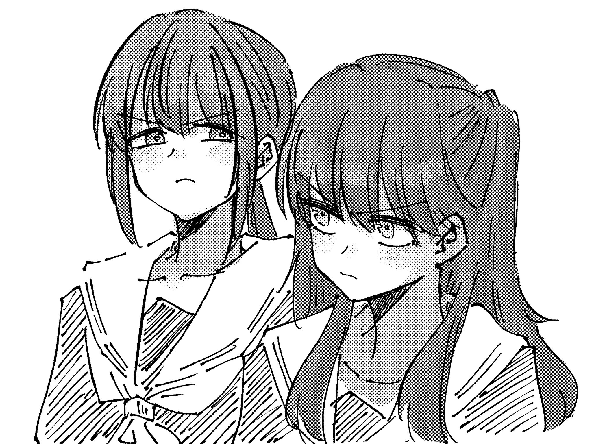 ayu (ayu illustrate), fujishima megumi, otomune kozue, link! like! love live!, love live!, highres, >:(, 2girls, closed mouth, collarbone, frown, greyscale, hasu no sora school uniform, hatching (texture), linear hatching, long hair, looking at another, low ponytail, monochrome, multiple girls, neckerchief, official alternate hairstyle, ponytail, sailor collar, school uniform, sidelocks, simple background, two side up, upper body, v-shaped eyebrows, virtual youtuber, white background, winter uniform