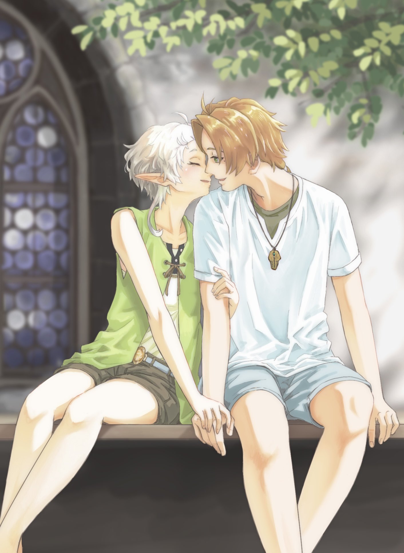 dekuashi, rudeus greyrat, sylphiette (mushoku tensei), mushoku tensei, highres, 1boy, 1girl, ahoge, brown hair, closed eyes, elf, green eyes, husband and wife, jewelry, mole, mole under eye, pendant, pointy ears, short hair, white hair