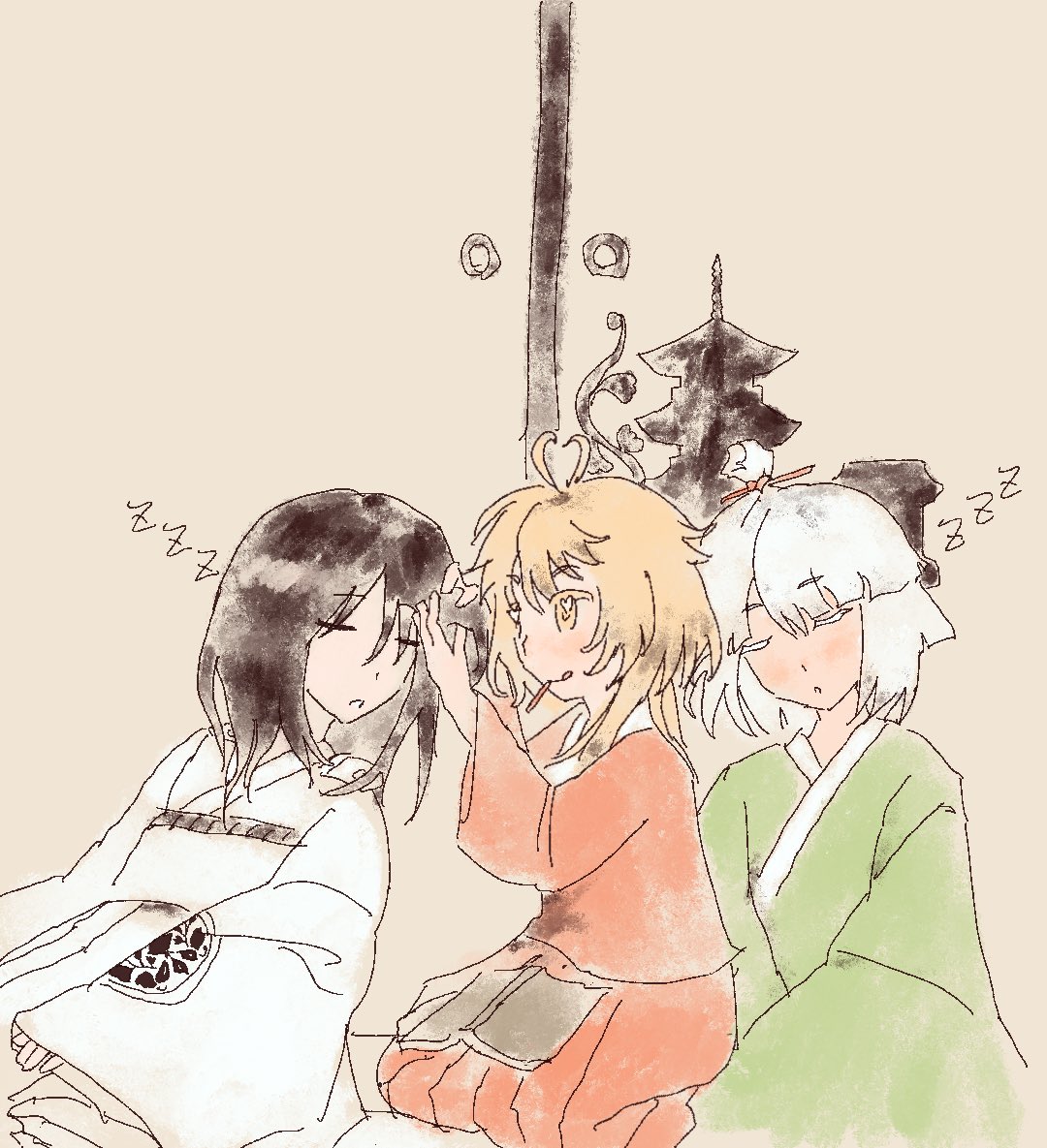 merry 765, fujiwara no iyozane, fujiwara no shirogane no sanra, ooama no ake no mitori, len'en, 3others, :q, adjusting another's hair, adoptive siblings, alternate costume, androgynous, antenna hair, black hair, blonde hair, blunt bangs, book, closed mouth, colored eyelashes, cowboy shot, fujiwara no iyozane (past), green kimono, hair over shoulder, hair undone, hakama, hand on lap, happy, heart, heart antenna hair, heart in eye, holding, holding book, japanese clothes, kimono, kneeling, leaning on person, light blush, long hair, long sleeves, looking at another, mouth hold, multiple others, open book, open mouth, other focus, pagoda, red hakama, red kimono, short hair, short kimono, shouji, siblings, sitting, sleeping, sleeves past wrists, sliding doors, smile, symbol in eye, tongue, tongue out, white hair, white kimono, wide sleeves, yellow eyes, zzz