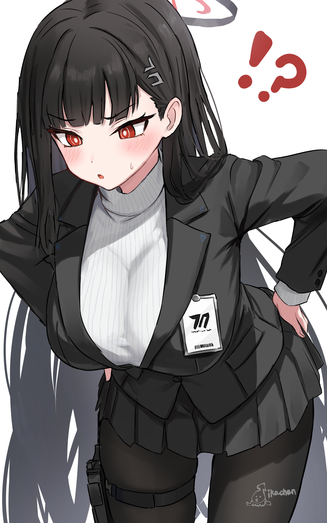 ikachan (norach57), rio (blue archive), blue archive, highres, !?, 1girl, :o, black hair, black halo, black shirt, black skirt, blunt bangs, blush, breasts, bright pupils, hair ornament, hairclip, halo, hand on own hip, holster, large breasts, long hair, millennium science school logo, multicolored halo, name tag, pantyhose, pleated skirt, red eyes, red halo, shirt, skirt, solo, sweater, thigh holster, turtleneck, turtleneck sweater, two-tone halo, very long hair, white pupils, white sweater