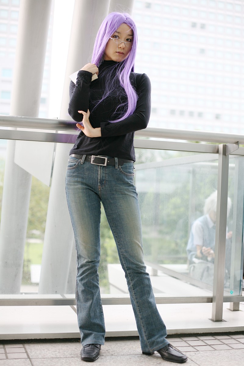 medusa (fate), medusa (rider) (fate), fate/stay night, fate (series), highres, photo (medium), book, cosplay, denim, glasses, jeans, pants, purple hair, turtleneck, yoshishige yutaka