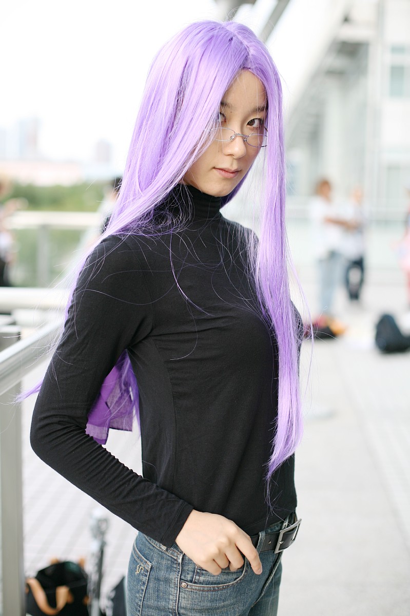 medusa (fate), medusa (rider) (fate), fate/stay night, fate (series), highres, photo (medium), cosplay, denim, glasses, jeans, pants, purple hair, turtleneck, yoshishige yutaka