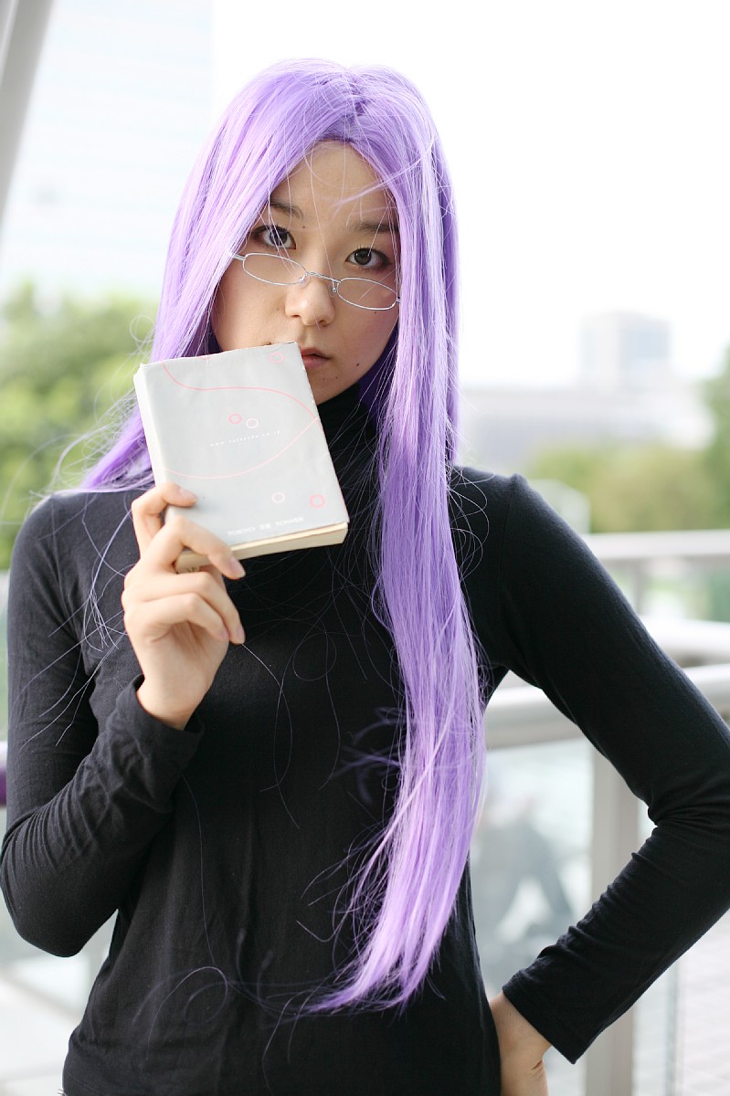 medusa (fate), medusa (rider) (fate), fate/stay night, fate (series), highres, photo (medium), book, cosplay, denim, glasses, jeans, pants, purple hair, turtleneck, yoshishige yutaka