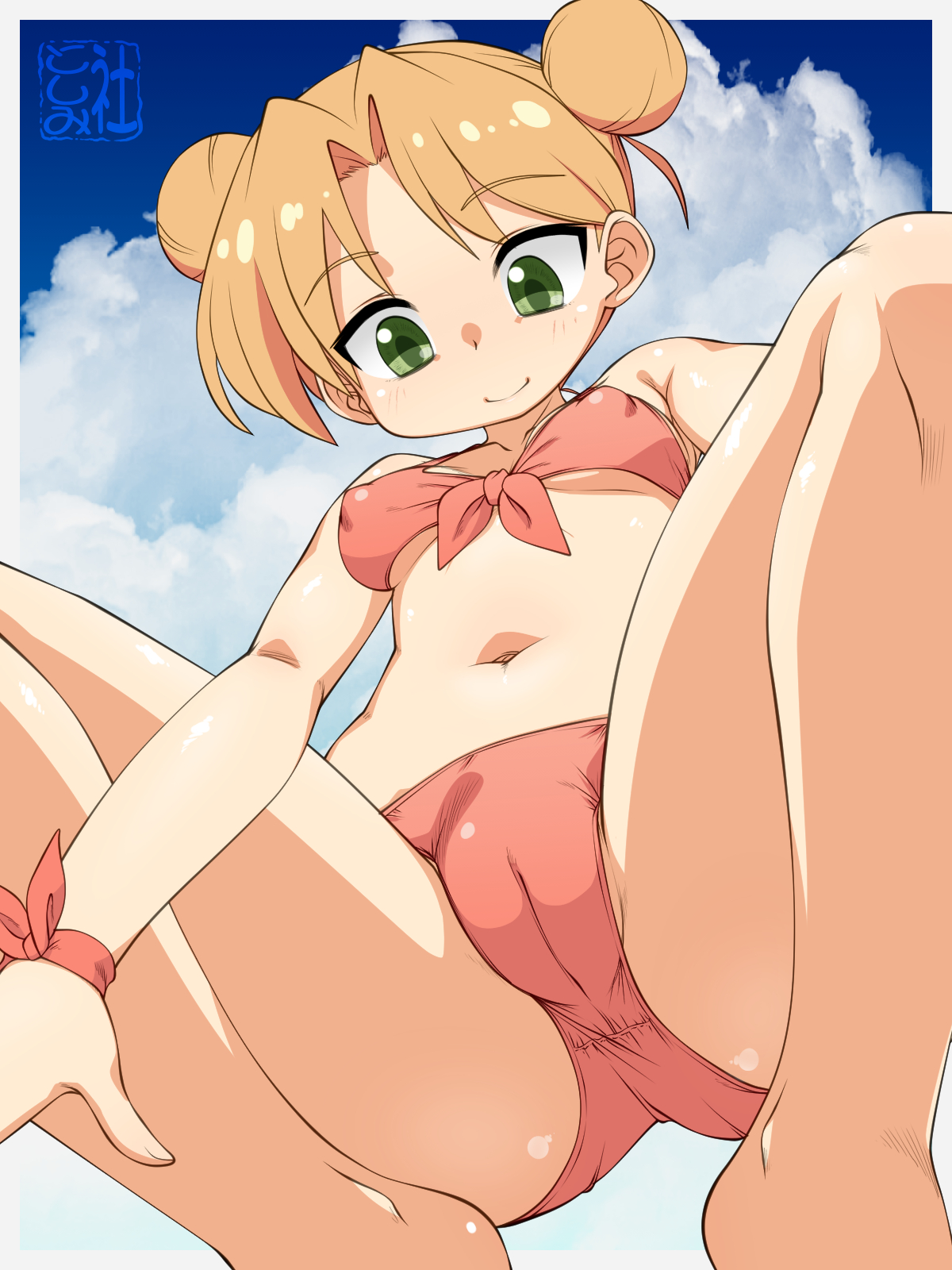 nurugamer-kouyouju, tanigawa ruri, ruri no houseki, commentary request, highres, variant set, 1girl, barefoot, bikini, blue sky, breasts, closed mouth, cloud, colored inner hair, covered erect nipples, crotch, day, double bun, fat mons, from below, hair bun, long hair, looking down, multicolored hair, navel, orange bikini, orange hair, outdoors, parted bangs, sidelocks, sky, small breasts, smile, solo, squatting, swimsuit, thighs, two-tone hair