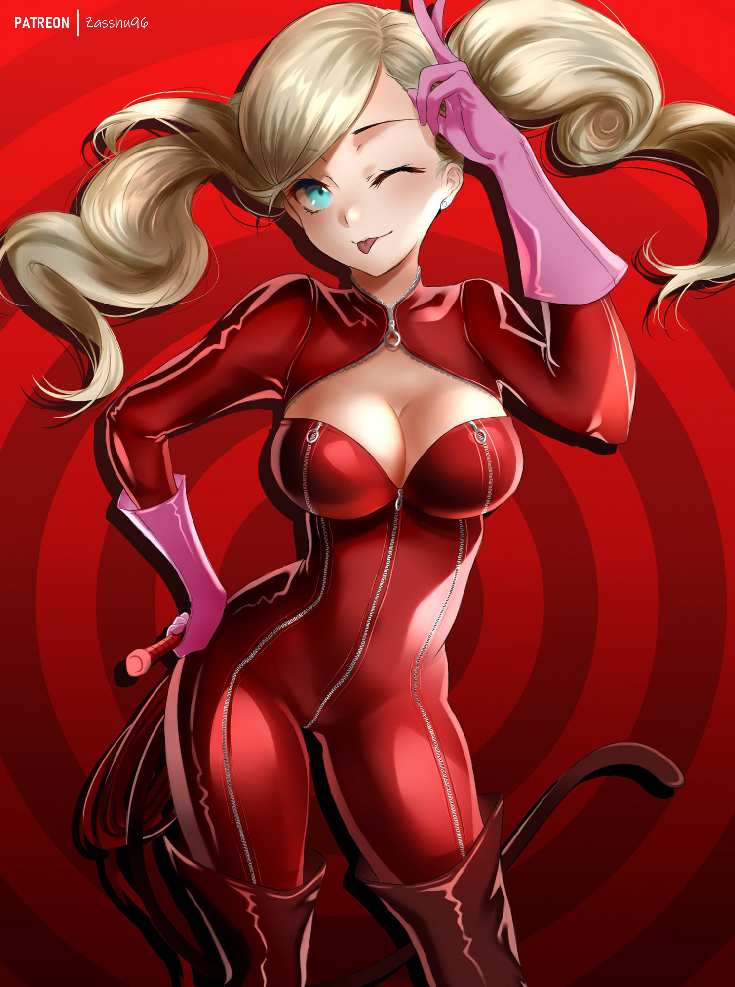 zasshu, panther (persona 5), takamaki anne, persona, persona 5, highres, 1girl, ;p, blonde hair, bodysuit, boots, breasts, cleavage, cowboy shot, earrings, gloves, hand on own hip, holding, holding whip, jewelry, large breasts, long hair, looking at viewer, one eye closed, patreon username, pink gloves, red background, red bodysuit, skin tight, solo, stud earrings, thigh boots, tongue, tongue out, twintails, v