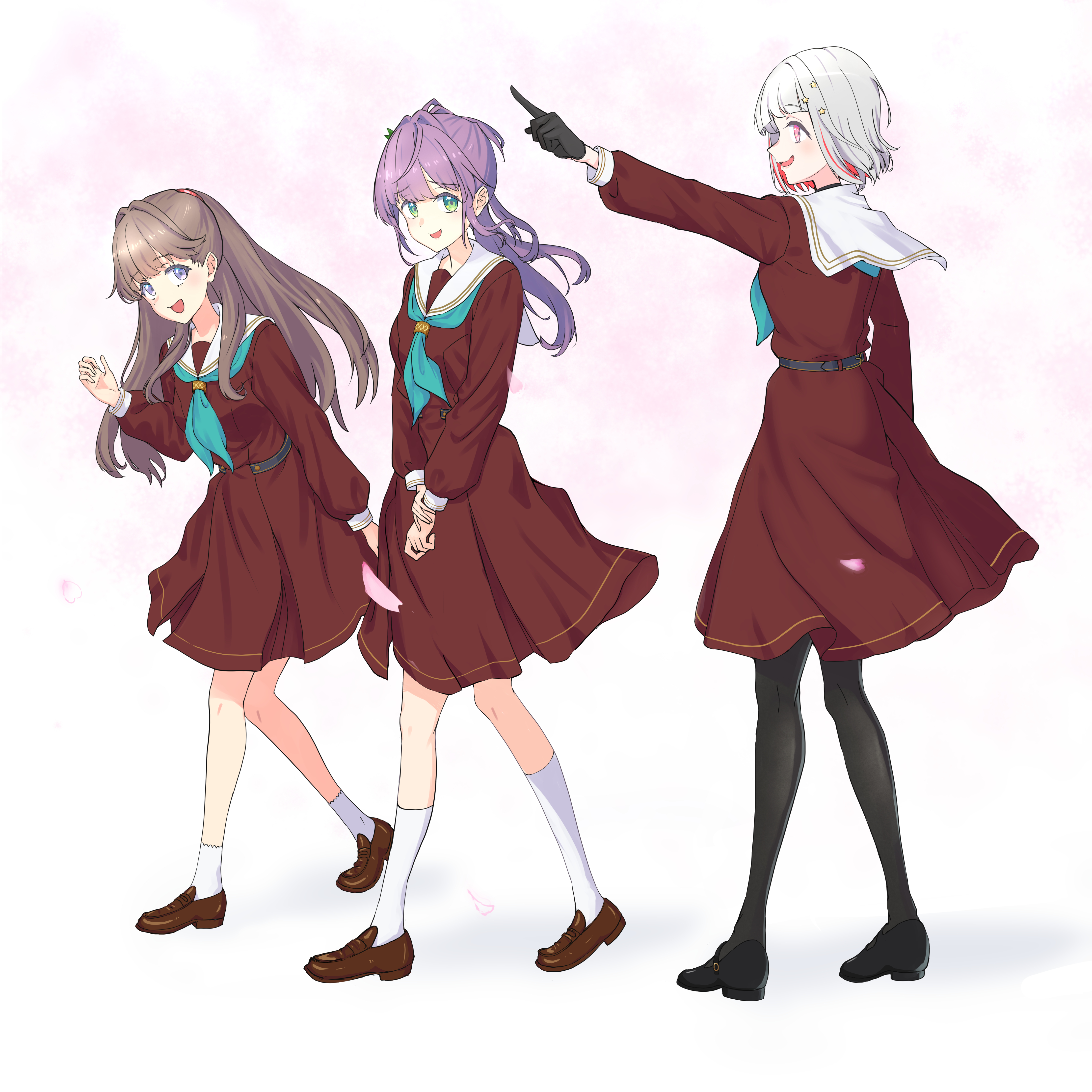 asueli ex, fujishima megumi, otomune kozue, yugiri tsuzuri, link! like! love live!, love live!, absurdres, commentary request, highres, 3girls, :d, black choker, black pantyhose, black shoes, brown dress, brown hair, brown shoes, choker, colored inner hair, dress, flower stand art, green eyes, hair intakes, hasu no daisankaku, hasu no sora school uniform, loafers, long hair, medium dress, multicolored hair, multiple girls, open mouth, outstretched arm, pantyhose, pink background, pink eyes, pleated dress, pointing, purple eyes, purple hair, raised inner eyebrows, red hair, sailor collar, sailor dress, school uniform, shoes, short hair, side ponytail, sidelocks, simple background, smile, socks, streaked hair, two side up, v arms, virtual graduation commemoration, virtual youtuber, walking, white hair, white sailor collar, white socks, winter uniform