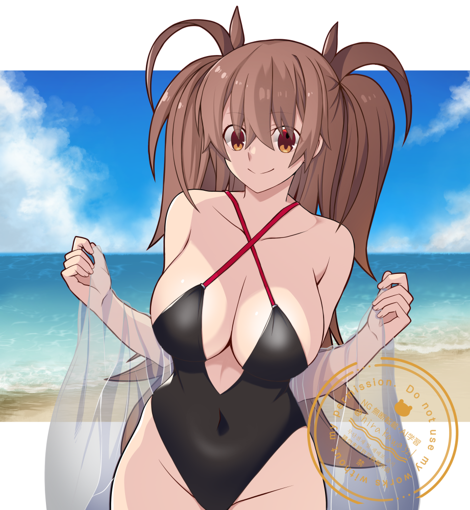 hirakawa, dr. arach, tsukihime, tsukihime (remake), 1girl, beach, breasts, brown hair, huge breasts, large breasts, long hair, looking at viewer, ocean, outdoors, simple background, smile, solo, swimsuit, thick thighs, thighs, tongue, twintails, wide hips, yellow eyes