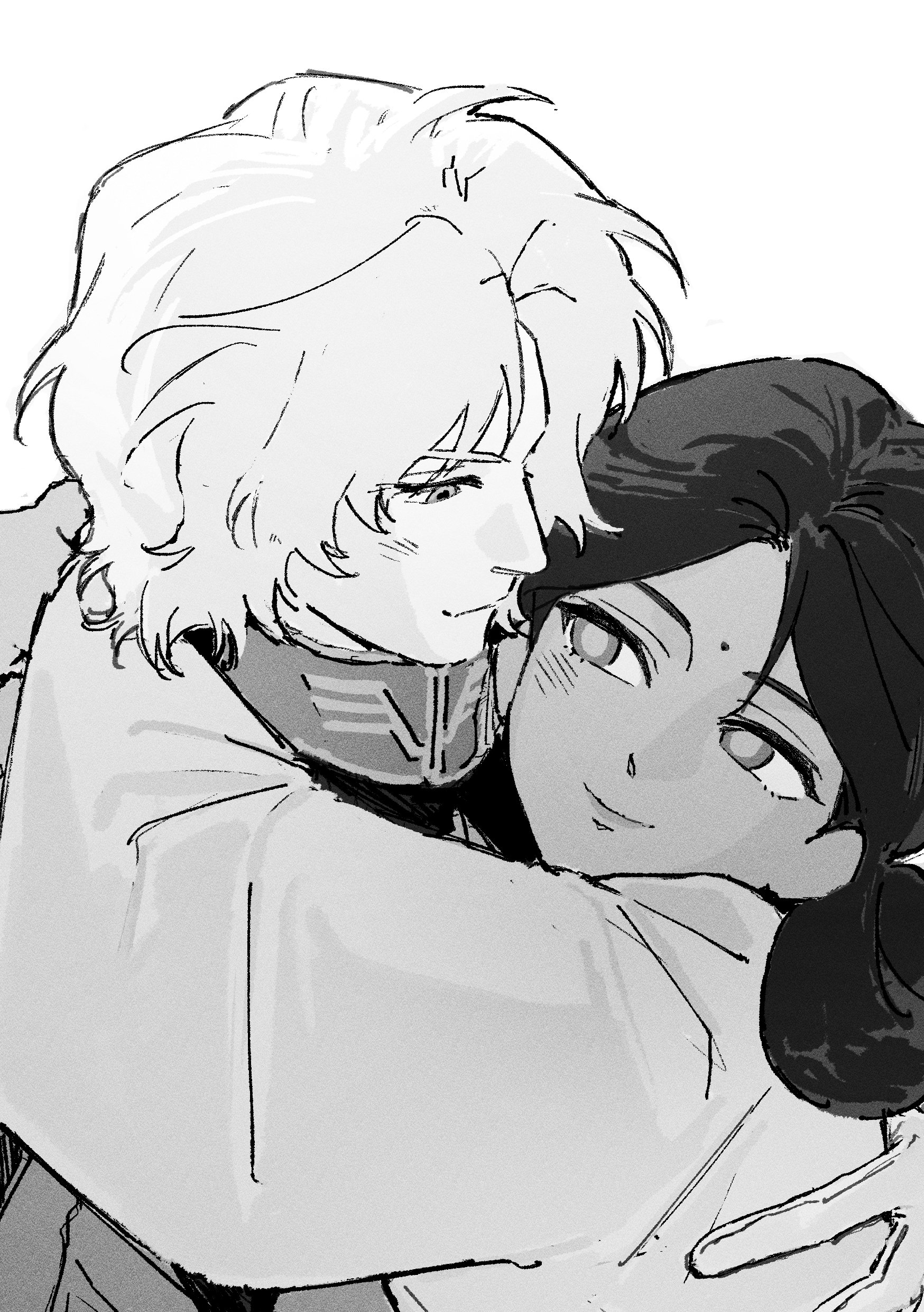 gigantea pp, char aznable, lalah sune, gundam, mobile suit gundam, absurdres, commentary, highres, symbol-only commentary, 1boy, 1girl, arms around neck, bindi, closed mouth, couple, dark-skinned female, dark skin, double bun, dress, eye contact, gloves, greyscale, hair bun, hetero, high collar, long sleeves, looking at another, monochrome, short hair, simple background, smile, upper body, wide sleeves
