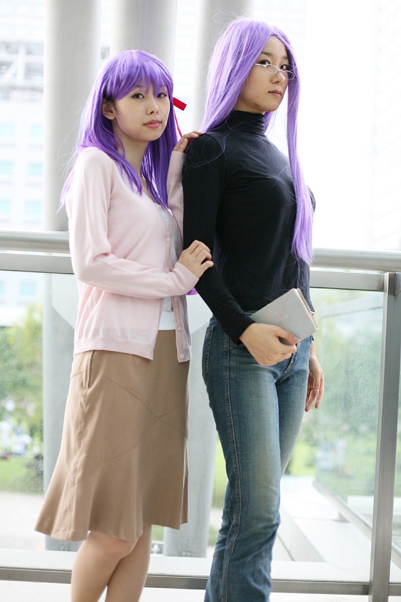 matou sakura, medusa (fate), medusa (rider) (fate), fate/stay night, fate (series), highres, photo (medium), camisole, cardigan, cosplay, denim, glasses, hair ribbon, jeans, minato misa, pants, purple hair, ribbon, skirt, turtleneck, yoshishige yutaka