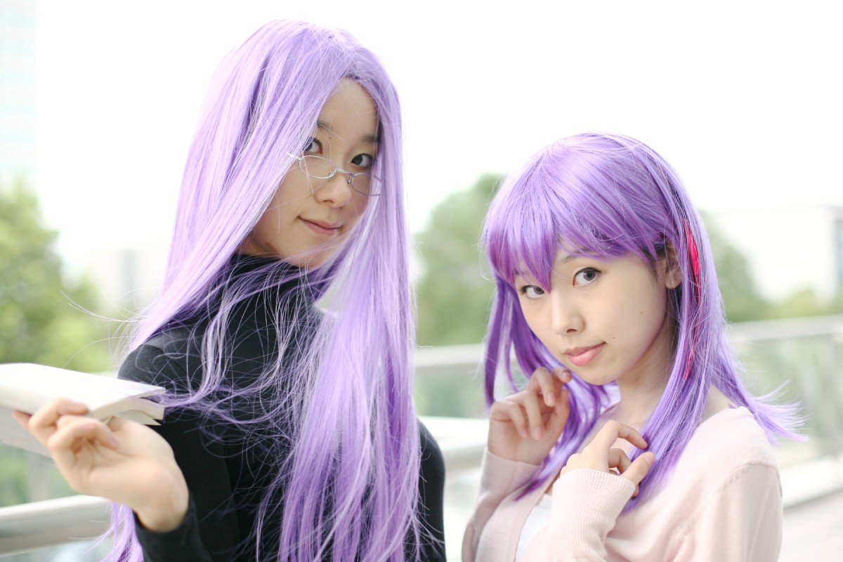 matou sakura, medusa (fate), medusa (rider) (fate), fate/stay night, fate (series), photo (medium), camisole, cardigan, cosplay, glasses, hair ribbon, minato misa, purple hair, ribbon, turtleneck, yoshishige yutaka
