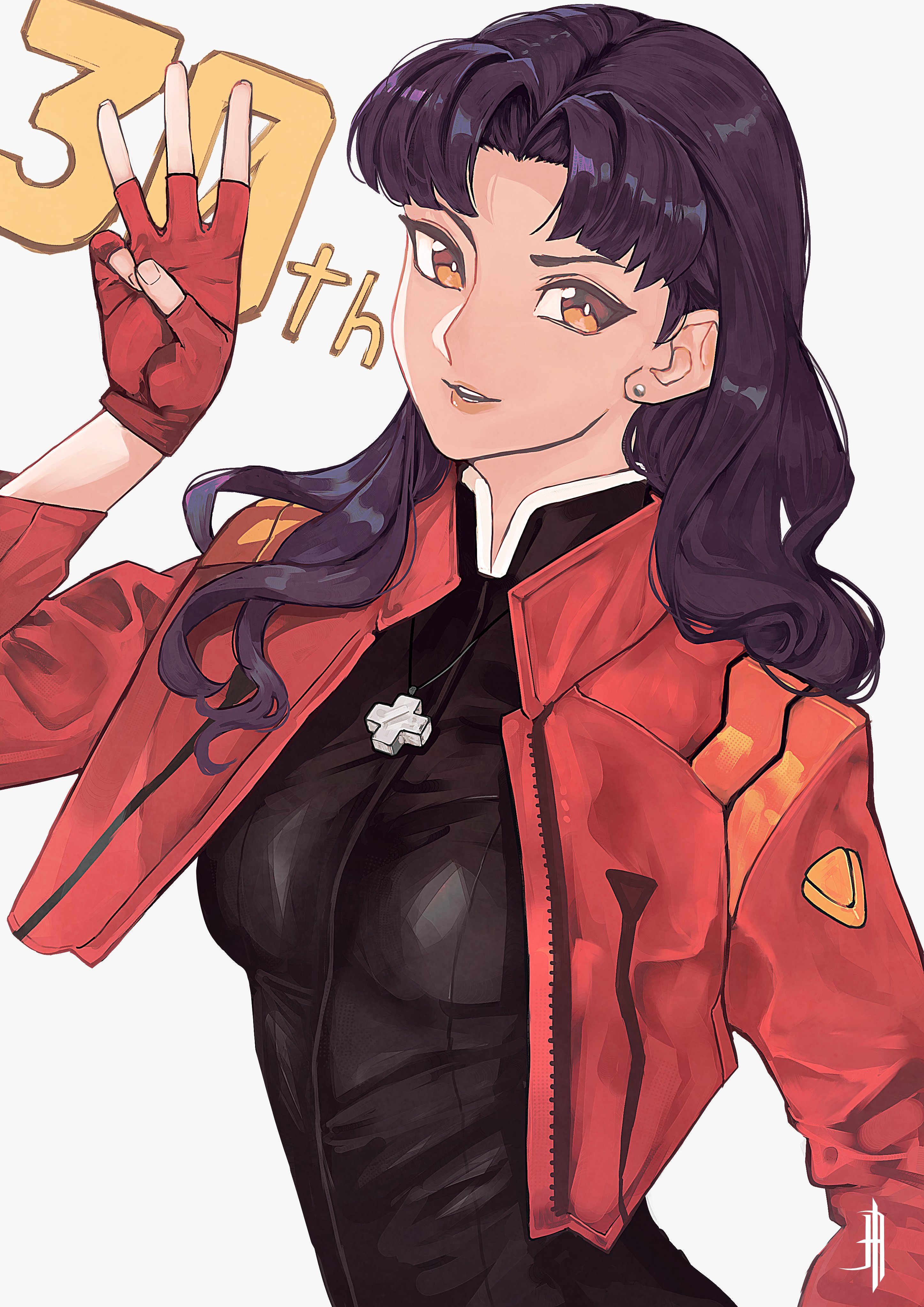 j. artur, katsuragi misato, neon genesis evangelion, absurdres, highres, photo-referenced, 1girl, artist logo, black dress, breasts, brown eyes, cross, cross necklace, dress, earrings, fingerless gloves, gloves, hair intakes, impossible clothes, impossible dress, jacket, jewelry, logo, long hair, long sleeves, looking at viewer, necklace, open clothes, open jacket, parted bangs, parted lips, purple hair, red gloves, red jacket, simple background, small breasts, solo, stud earrings, unzipped, upper body, white background