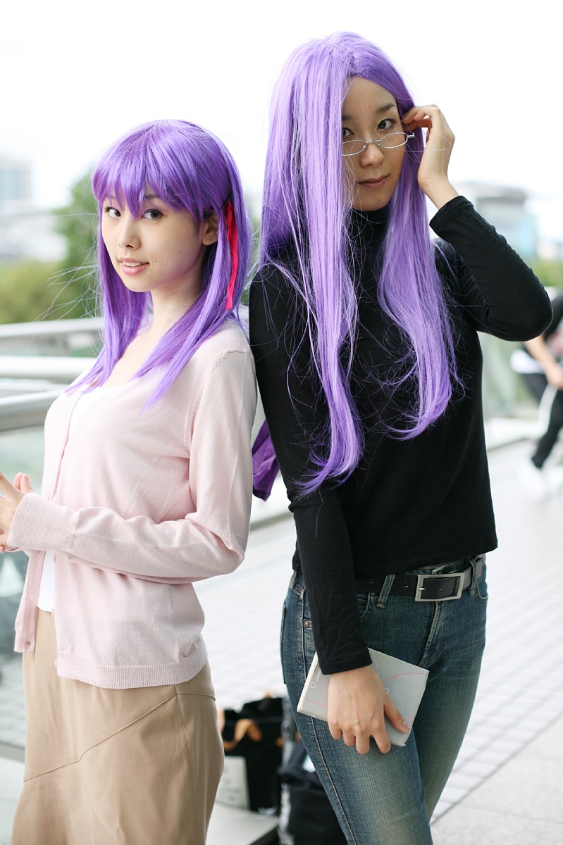 matou sakura, medusa (fate), medusa (rider) (fate), fate/stay night, fate (series), highres, photo (medium), camisole, cardigan, cosplay, denim, glasses, hair ribbon, jeans, minato misa, pants, purple hair, ribbon, skirt, turtleneck, yoshishige yutaka