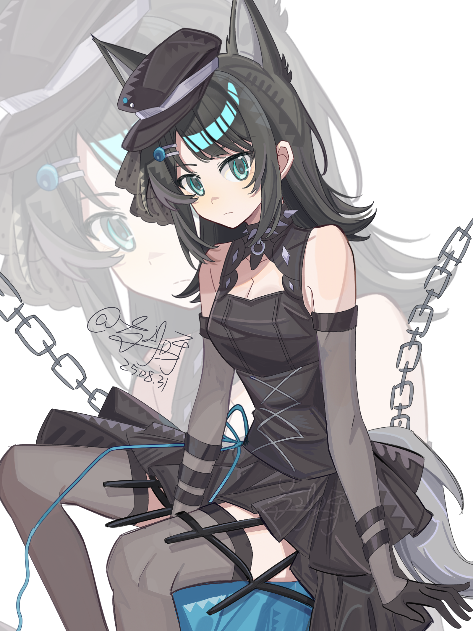 yahata umiri, bang dream!, bang dream! it's mygo!!!!!, chinese commentary, commentary request, highres, 1girl, animal ears, bare shoulders, black dress, black gloves, black hair, black hat, black thighhighs, blue eyes, breasts, chain, cleavage, closed mouth, dress, elbow gloves, gloves, hair ornament, hairclip, hat, invisible chair, kemonomimi mode, looking at viewer, medium breasts, medium hair, sitting, solo, tail, thighhighs, wolf ears, wolf girl, wolf tail, yahata umiri (moonlight executioner), yu gongzi ya, zoom layer