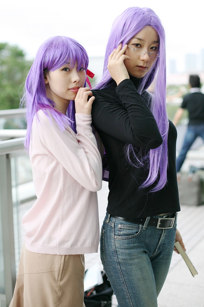 matou sakura, medusa (fate), medusa (rider) (fate), fate/stay night, fate (series), highres, photo (medium), camisole, cardigan, cosplay, denim, glasses, hair ribbon, jeans, minato misa, pants, purple hair, ribbon, skirt, turtleneck, yoshishige yutaka