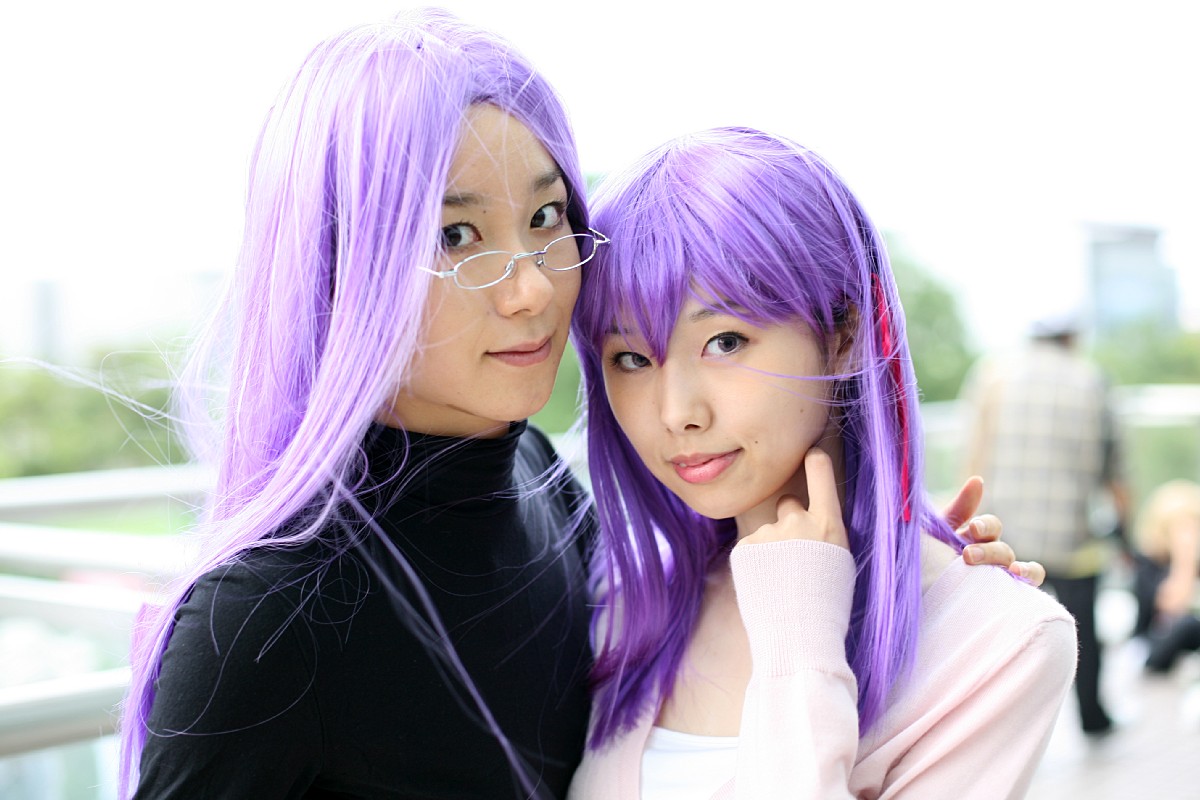 matou sakura, medusa (fate), medusa (rider) (fate), fate/stay night, fate (series), photo (medium), camisole, cardigan, cosplay, denim, glasses, hair ribbon, jeans, minato misa, pants, purple hair, ribbon, skirt, turtleneck, yoshishige yutaka