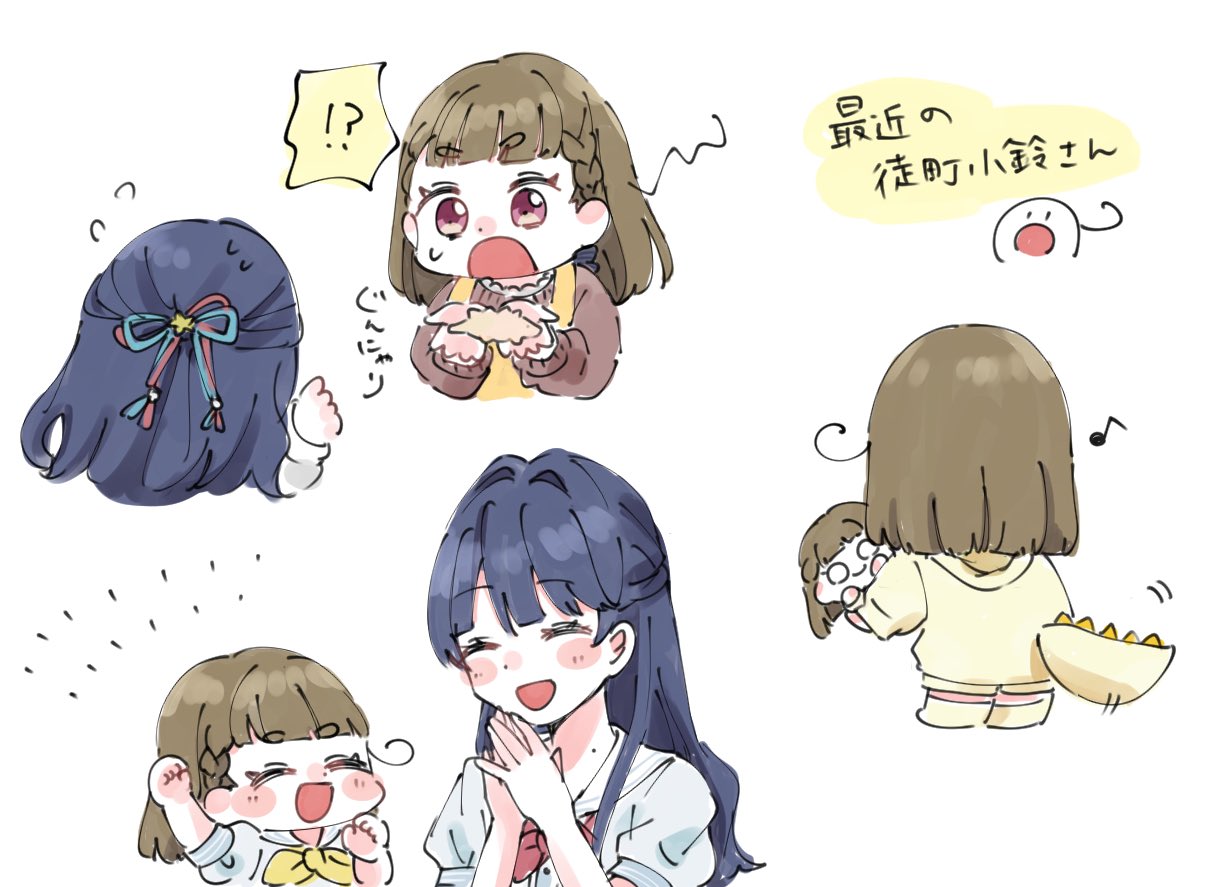 moso (expect66), kachimachi kosuzu, murano sayaka, link! like! love live!, love live!, commentary, symbol-only commentary, translation request, !?, 2girls, :d, :o, = =, ^ ^, animal-themed food, apron, blue hair, blue ribbon, brown sweater, character doll, clenched hands, closed eyes, colored speech bubble, cookie, dinosaur tail, doll, dollchestra, eighth note, expressive hair, fake tail, flying sweatdrops, food, hair intakes, hair ornament, hair ribbon, half updo, hasu no sora school uniform, holding, holding cookie, holding doll, holding food, hood, hoodie, kachimachi kosuzu (sega lucky lottery sleepwear), long hair, long sleeves, mole, mole on neck, multiple girls, musical note, neckerchief, nervous sweating, nesoberi, open mouth, own hands together, raised fist, red neckerchief, red ribbon, ribbon, school uniform, short eyebrows, side ahoge, smile, speech bubble, spoken interrobang, star (symbol), star hair ornament, summer uniform, sweat, sweater, tail, thick eyebrows, v-shaped eyebrows, virtual youtuber, yellow apron, yellow hoodie, yellow neckerchief, | |