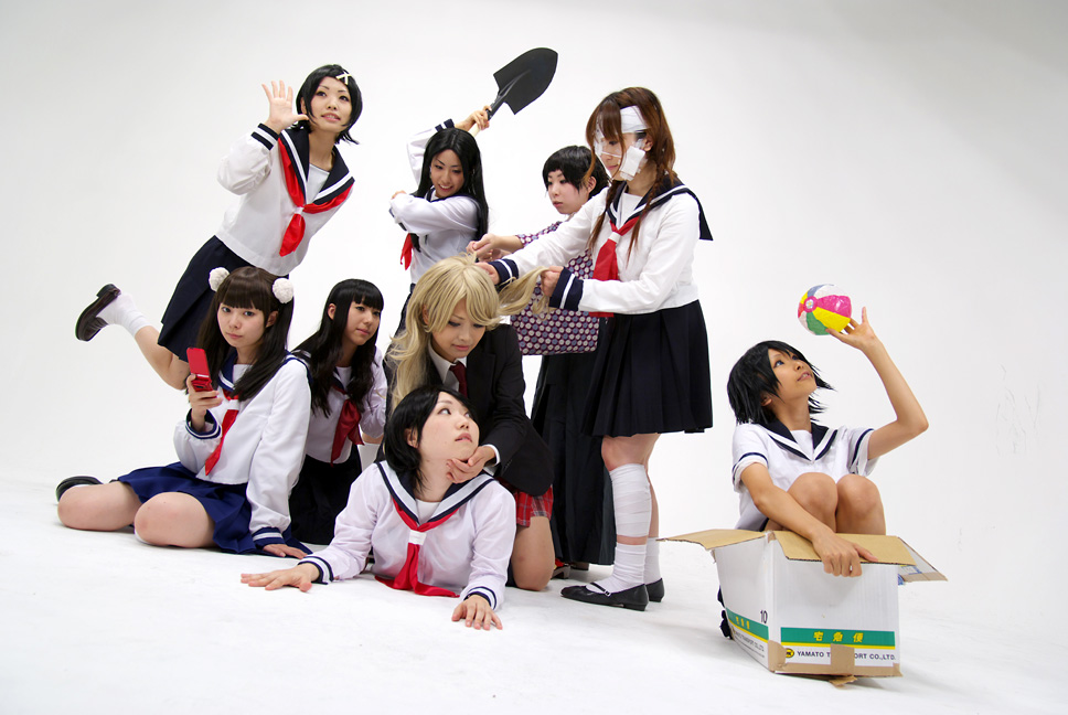 fuura kafuka, kaga ai, kimura kaere, kitsu chiri, kobushi abiru, otonashi meru, sekiutsu maria tarou, sayonara zetsubou sensei, photo (medium), 6+girls, ball, bandages, beachball, box, cellphone, cosplay, everyone, female focus, full body, gradient background, multiple girls, phone, sailor, school uniform, serafuku, shovel, white background, worktool