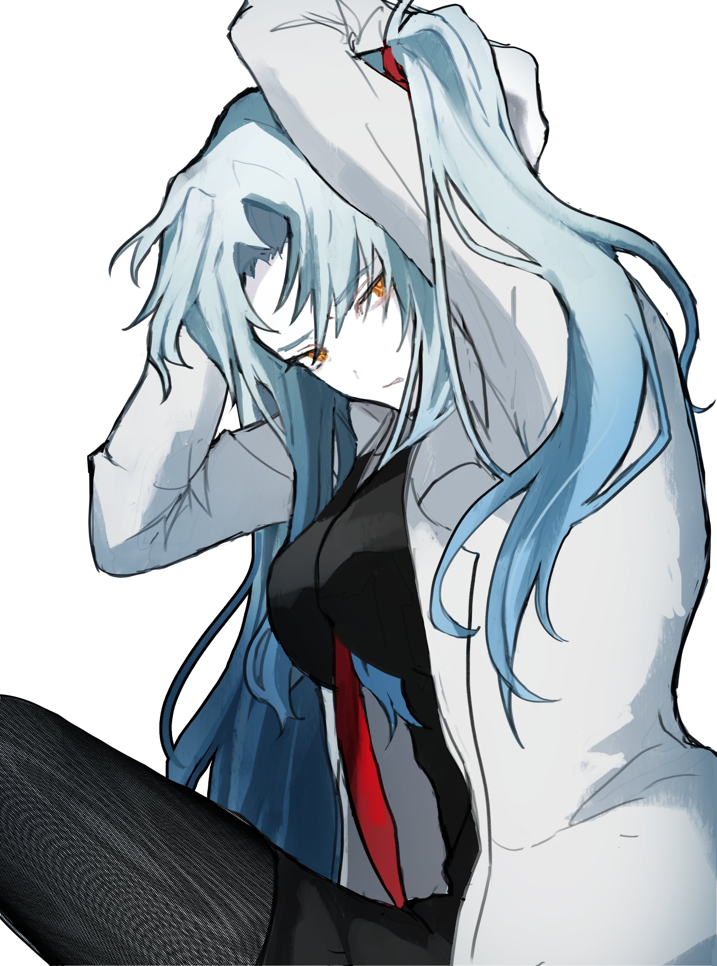 akaimo (akaimokou), angela (project moon), lobotomy corporation, project moon, absurdres, highres, 1girl, arms up, black pantyhose, black vest, blue hair, breasts, coat, collared shirt, lab coat, large breasts, long hair, long sleeves, looking at viewer, necktie, one side up, pantyhose, parted bangs, red necktie, shirt, simple background, solo, upper body, vest, white background, white coat, white shirt, yellow eyes