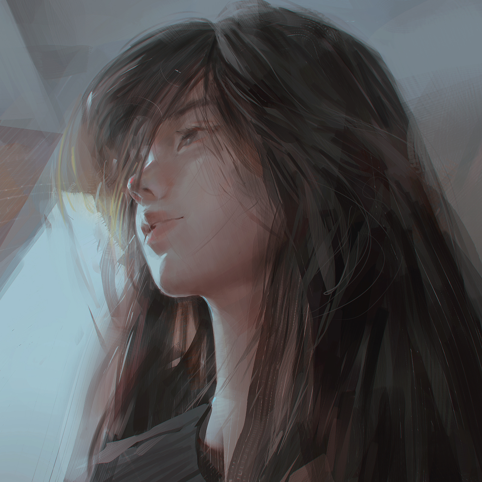pluvium grandis, original, highres, asian, brown hair, from below, lips, long hair, nose, nostrils, painterly, parted lips, realistic, solo, upper body