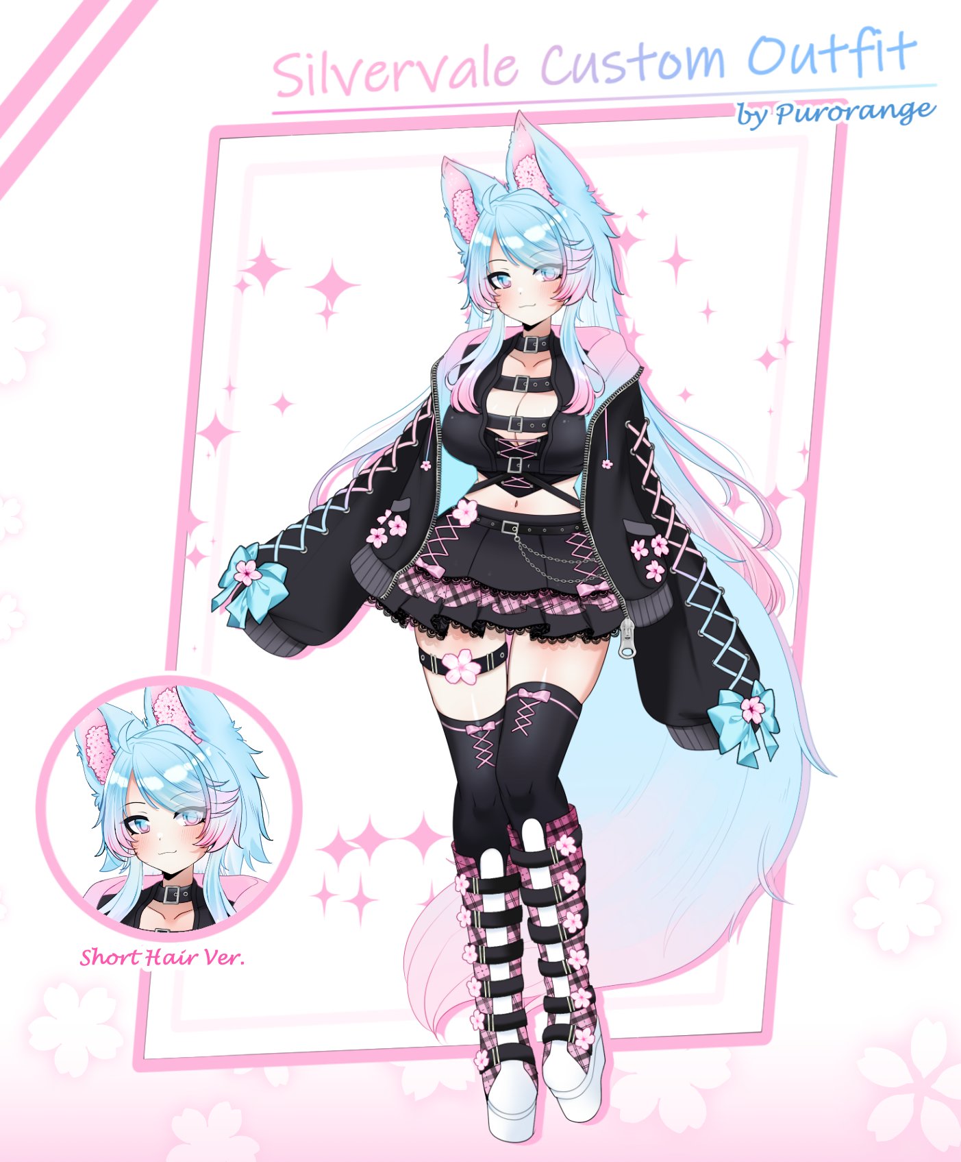 pur orange, silvervale, indie virtual youtuber, highres, 1girl, alternate costume, animal ears, black boots, black choker, black jacket, black shirt, black skirt, black thighhighs, blue eyes, blue hair, boots, breasts, choker, closed mouth, frilled skirt, frills, gradient hair, gradient tail, jacket, large breasts, long sleeves, multicolored hair, parted bangs, pink hair, shirt, sidelocks, skirt, sleeves past fingers, sleeves past wrists, smile, solo, tail, thigh strap, thighhighs, virtual youtuber, wolf ears, wolf girl, wolf tail