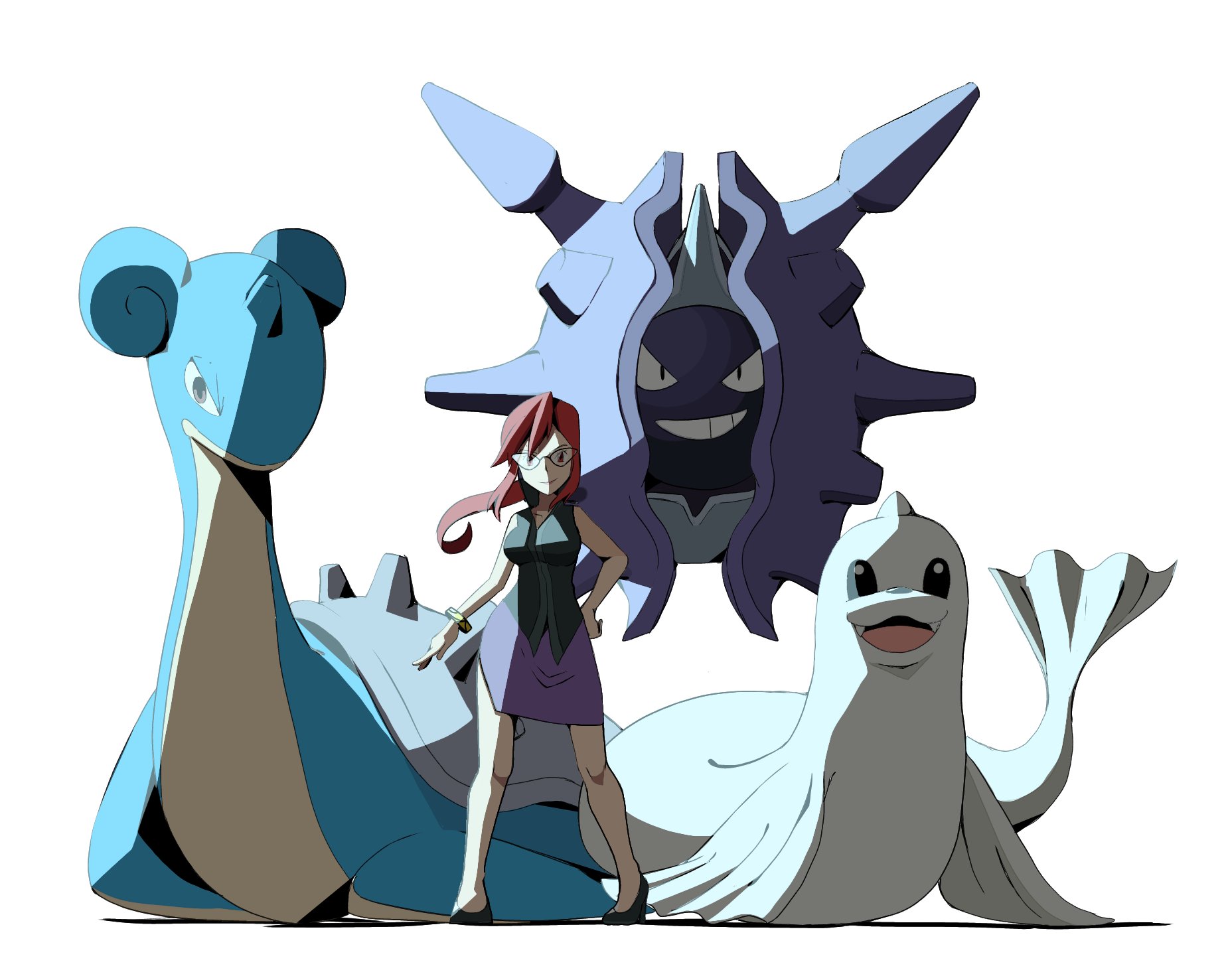 psaber97, cloyster, dewgong, lapras, lorelei (pokemon), nintendo, pokemon, highres, black shirt, breasts, contrapposto, gen 1 pokemon, glasses, hand on own hip, high heels, long hair, ponytail, purple skirt, red eyes, red hair, shirt, sidelighting, skirt, white background
