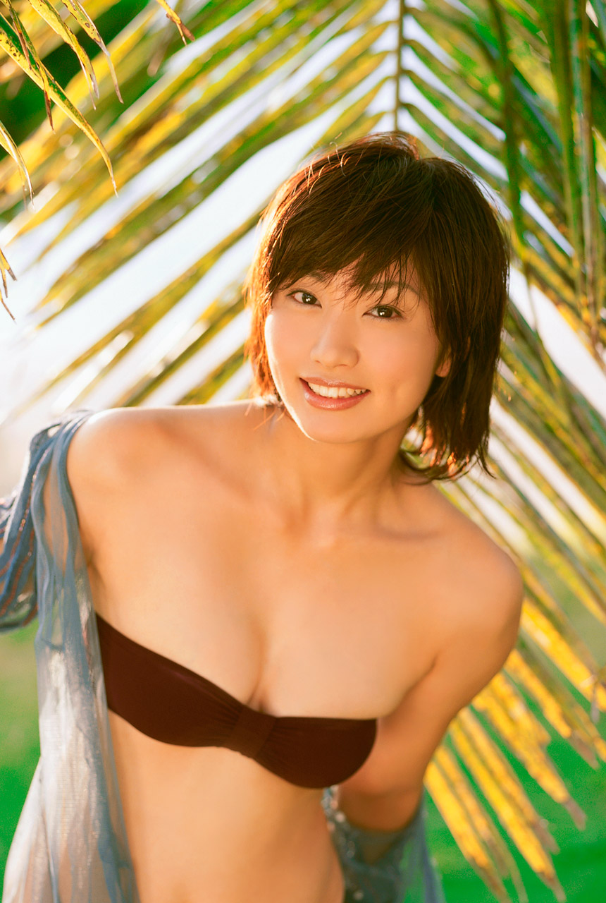 harada mai, mai sweet, highres, photo (medium), bikini, bikini top only, open clothes, open shirt, see-through clothes, shirt, swimsuit