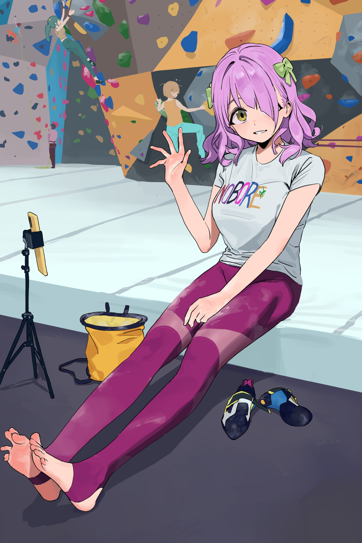 some1else45, original, highres, 3girls, bow, brown eyes, clothes writing, green bow, grey shirt, hair bow, hair over one eye, hand up, looking at viewer, multiple girls, pants, pink hair, purple pants, shirt, shoes, sitting, solo focus, toes, unworn shoes