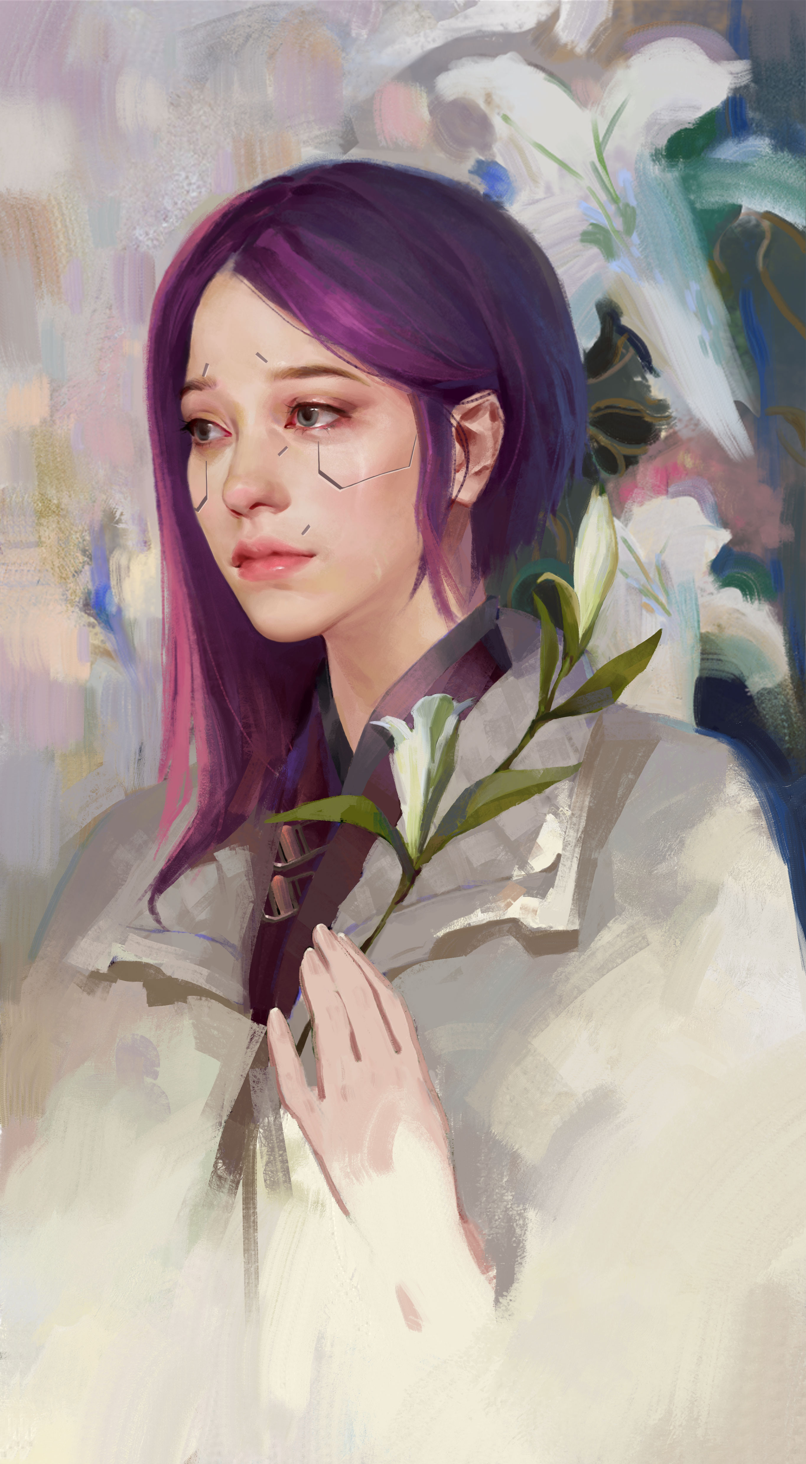 songbird (cyberpunk), cyberpunk (series), cyberpunk 2077, absurdres, highres, 1girl, cyberpunk, flower, grey eyes, lily (flower), long hair, purple hair, solo, yaqian xiao