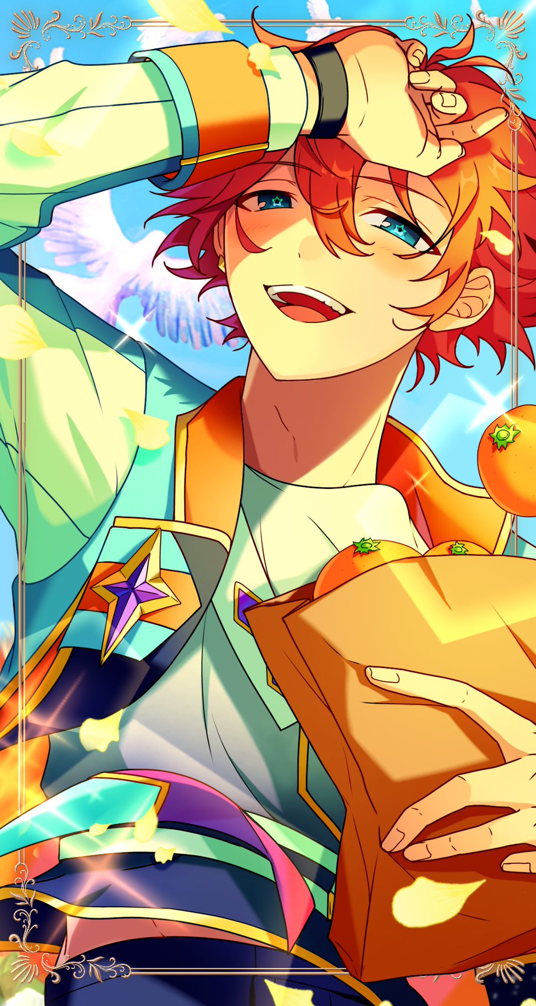 raiseafuture, akehoshi subaru, ensemble stars!, highres, 1boy, arm up, bag, bird, blue eyes, blue sky, border, food, from below, fruit, hair between eyes, holding, holding bag, jacket, long sleeves, looking at viewer, male focus, open clothes, open jacket, open mouth, orange (fruit), orange hair, paper bag, sky, smile, solo, teeth, upper teeth only, white bird, yellow petals