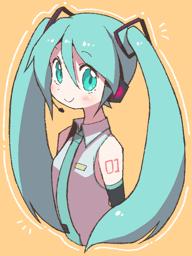 dokan (dkn), hatsune miku, vocaloid, 1girl, aqua eyes, aqua hair, aqua necktie, arm tattoo, bare shoulders, black sleeves, blush, collared shirt, cropped torso, detached sleeves, grey shirt, hair between eyes, hair ornament, headphones, headset, long hair, looking at viewer, necktie, orange background, shirt, simple background, sleeveless, sleeveless shirt, smile, solo, tattoo, twintails, upper body, very long hair