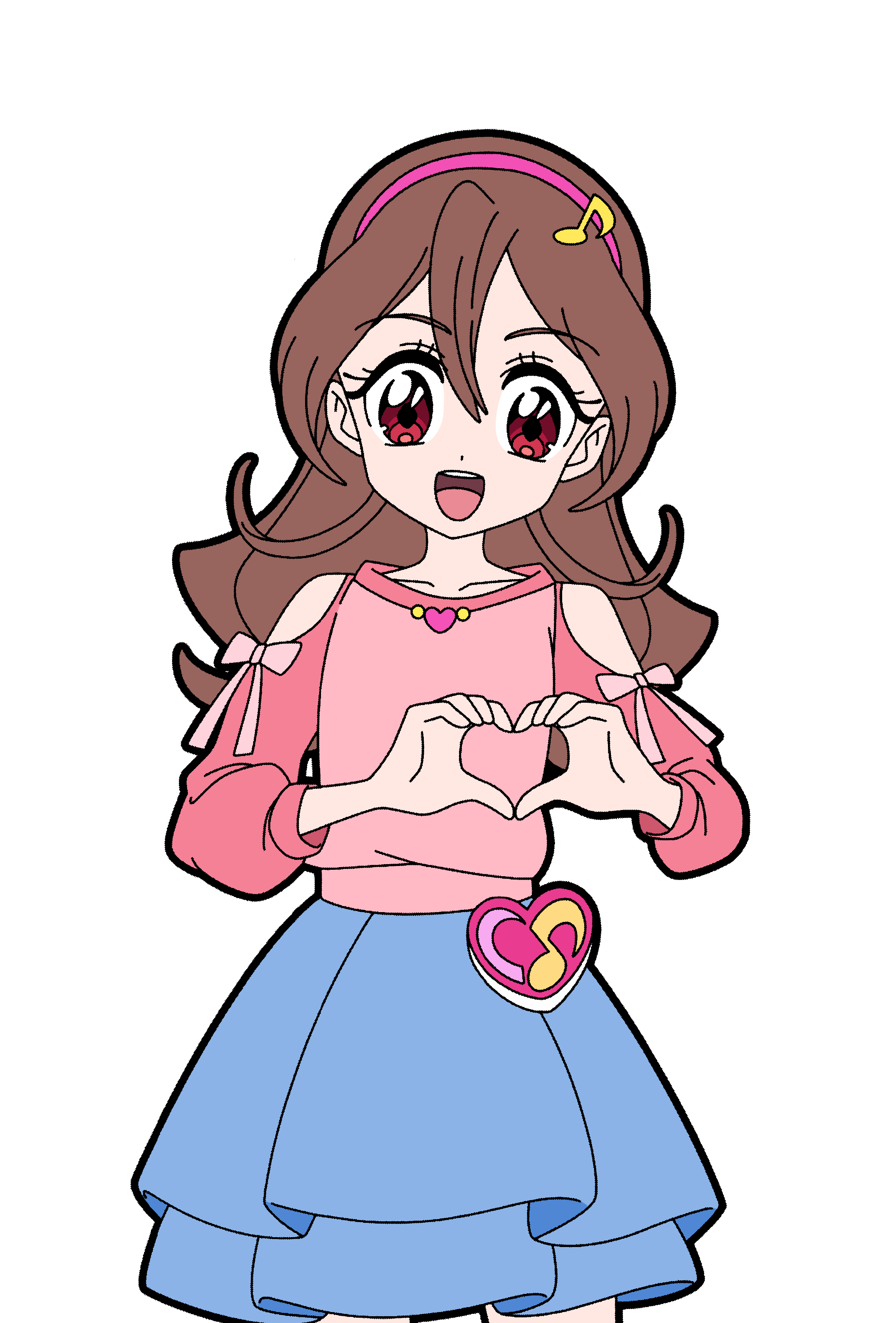 masami 01st, sakura uta (precure), kimi to idol precure, precure, absurdres, commentary, highres, 1girl, :d, bare legs, bare shoulders, blue skirt, bow, brooch, brown hair, clothing cutout, collarbone, cowboy shot, dot nose, double-parted bangs, eighth note, fortissimo, hair between eyes, hair ornament, hairband, heart, heart brooch, heart brooch holder, heart hands, idol heart brooch, jewelry, long hair, long sleeves, looking at viewer, musical note, musical note hair ornament, open mouth, pink bow, pink hairband, pink shirt, red eyes, shirt, shoulder cutout, simple background, skirt, sleeve bow, smile, solo, three-quarter sleeves, white background