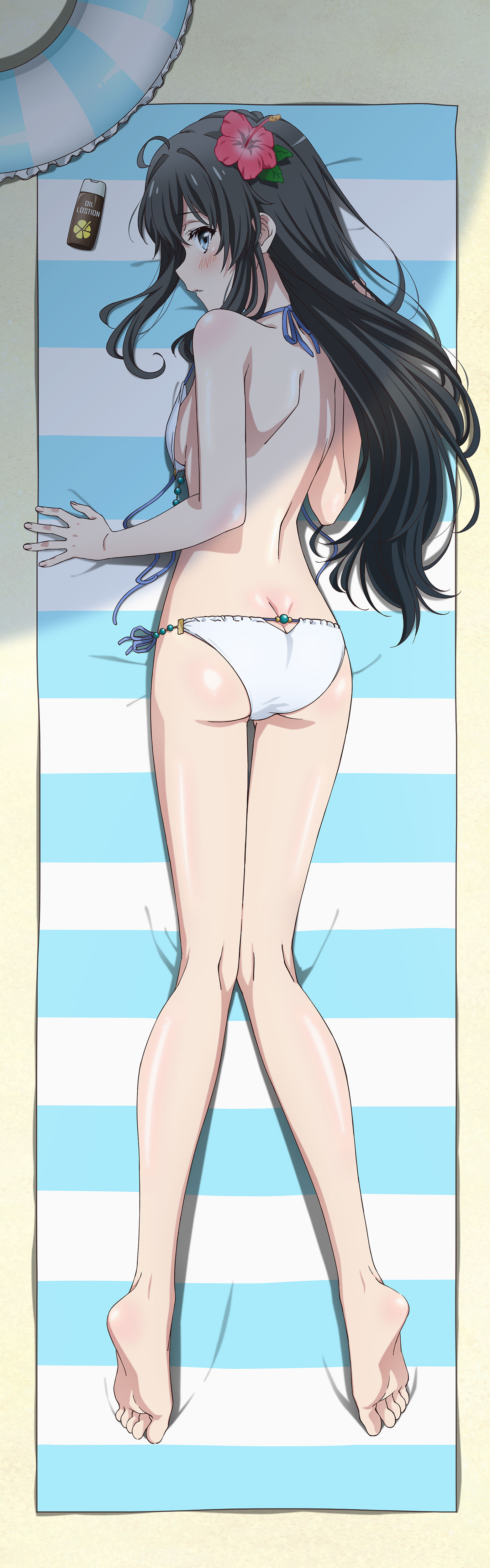 yukinoshita yukino, yahari ore no seishun lovecome wa machigatteiru., absurdres, highres, official art, 1girl, ahoge, ass, back, bare arms, bare legs, barefoot, beach, beach towel, bikini, black hair, blue eyes, blush, bracelet, breasts, dakimakura (medium), feet, flower, full body, hibiscus, jewelry, long hair, looking at viewer, red flower, shoulder blades, sideboob, sidelocks, small breasts, solo, swimsuit, toes, towel, white bikini