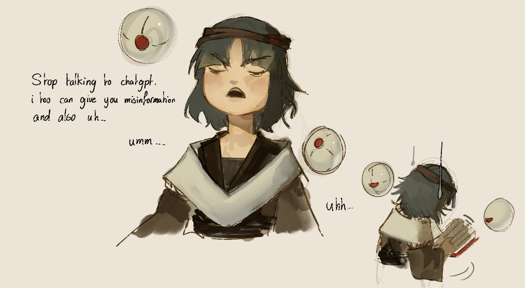 hatsburg, para (len'en), len'en, highres, 1other, androgynous, annoyed, black kimono, blunt bangs, book, brown headband, brown sleeves, capelet, closed eyes, cropped torso, detached sleeves, english text, forgetting, from behind, frown, green hair, grey background, headband, holding, holding book, japanese clothes, kimono, light blush, long sleeves, meme, meme request, motion lines, open mouth, other focus, para (len'en) (oni), parted bangs, sequential, short hair, simple background, sweatdrop, teeth, turning page, upper teeth only, v-shaped eyebrows, white capelet, wide sleeves