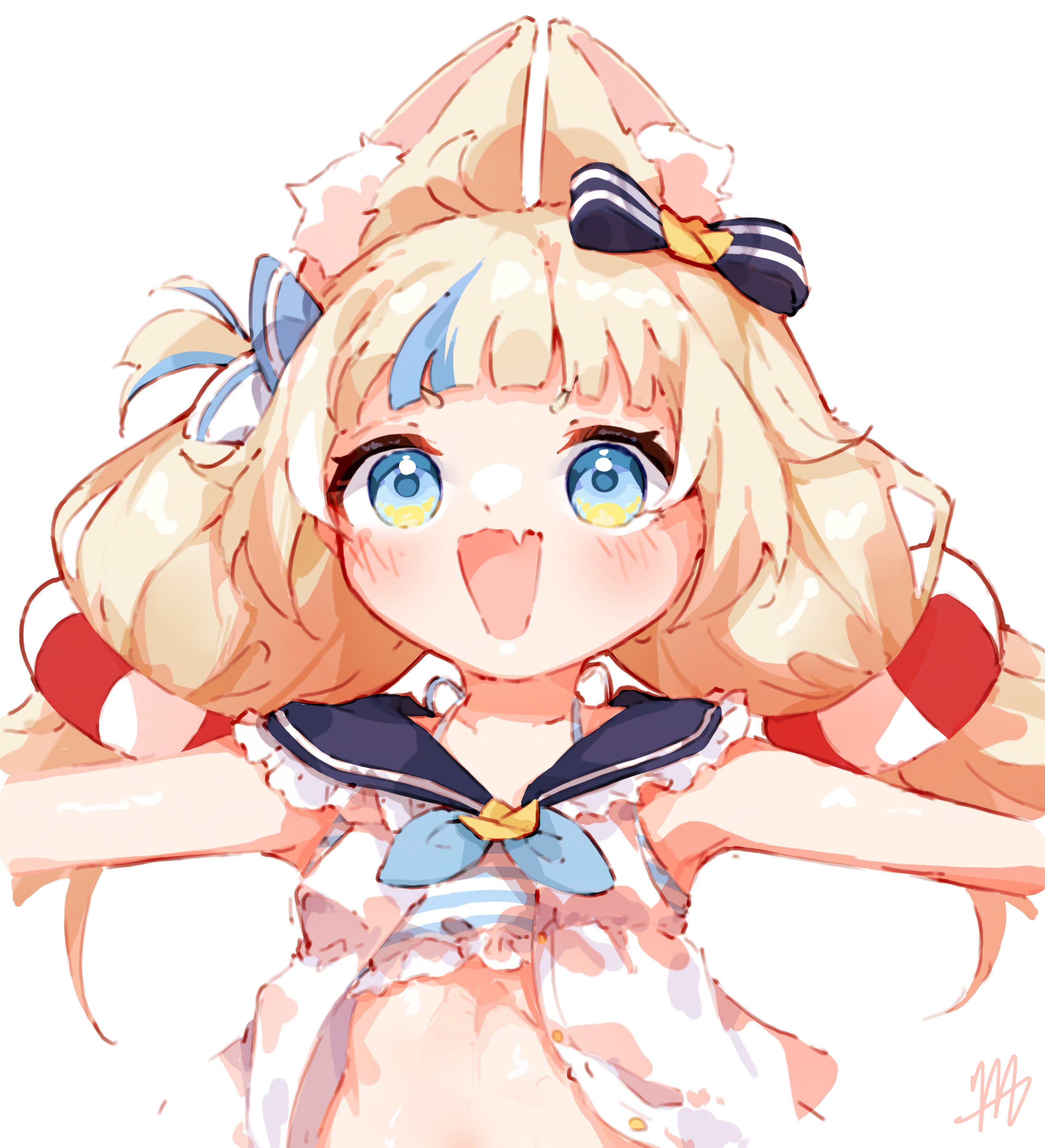 ma draws, sameko saba, indie virtual youtuber, absurdres, highres, 1girl, animal ear fluff, animal ears, bikini, blonde hair, blue bikini, blue bow, blue eyes, blue hair, blush, bow, breasts, cat ears, dress, fang, hair bow, long hair, looking at viewer, low twintails, multicolored hair, one side up, open clothes, open dress, open mouth, skin fang, small breasts, smile, solo, streaked hair, swimsuit, twintails, very long hair, virtual youtuber, white dress