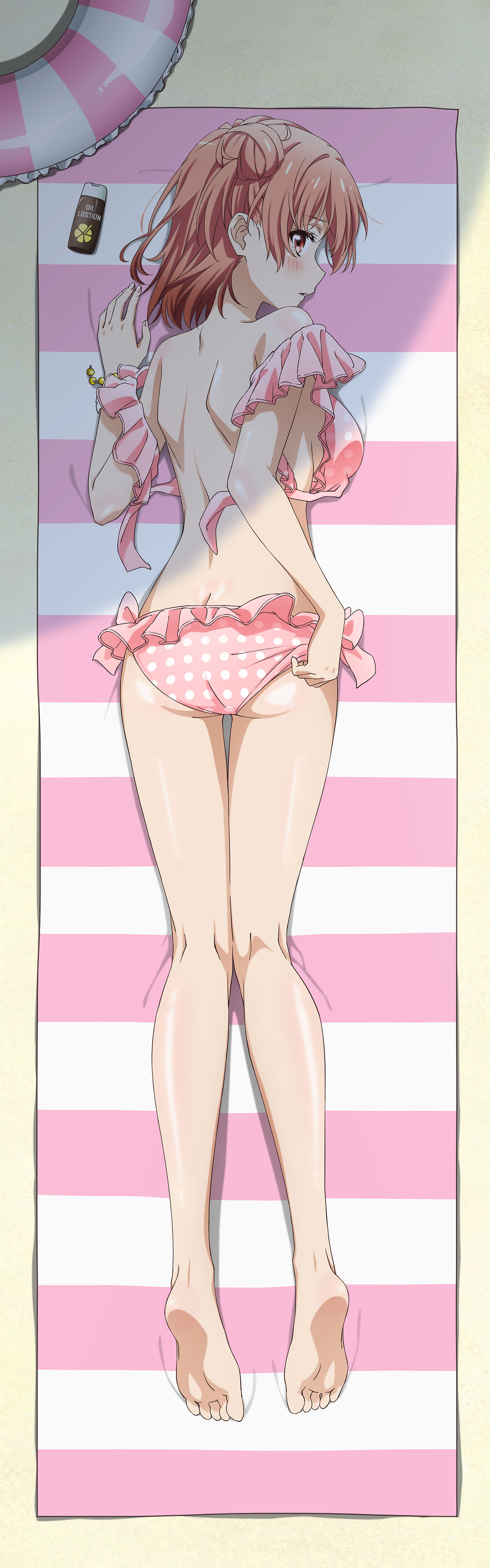 yuigahama yui, yahari ore no seishun lovecome wa machigatteiru., absurdres, highres, official art, 1girl, ass, back, bare legs, barefoot, beach, beach towel, bikini, blush, breasts, butt crack, closed mouth, dakimakura (medium), day, feet, flower, frilled bikini, frills, from above, full body, hair flower, hair ornament, innertube, large breasts, lying, medium hair, on stomach, orange hair, outdoors, pink bikini, polka dot, polka dot bikini, red eyes, shoulder blades, sideboob, soles, solo, swim ring, swimsuit, toes, towel