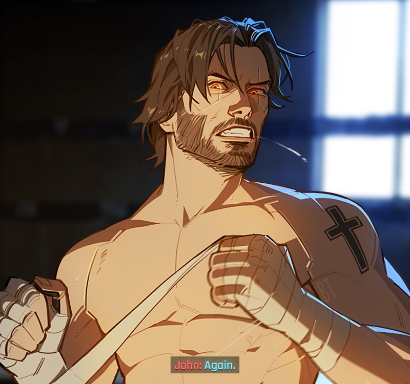 johnny silverhand, cyberpunk (series), cyberpunk 2077, 1boy, bandaged hand, bandages, beard, blurry, blurry background, boredth, brown hair, character name, clenched teeth, cross tattoo, depth of field, facial hair, indoors, looking at viewer, orange eyes, short hair, shoulder tattoo, solo, subtitled, tattoo, teeth, topless male