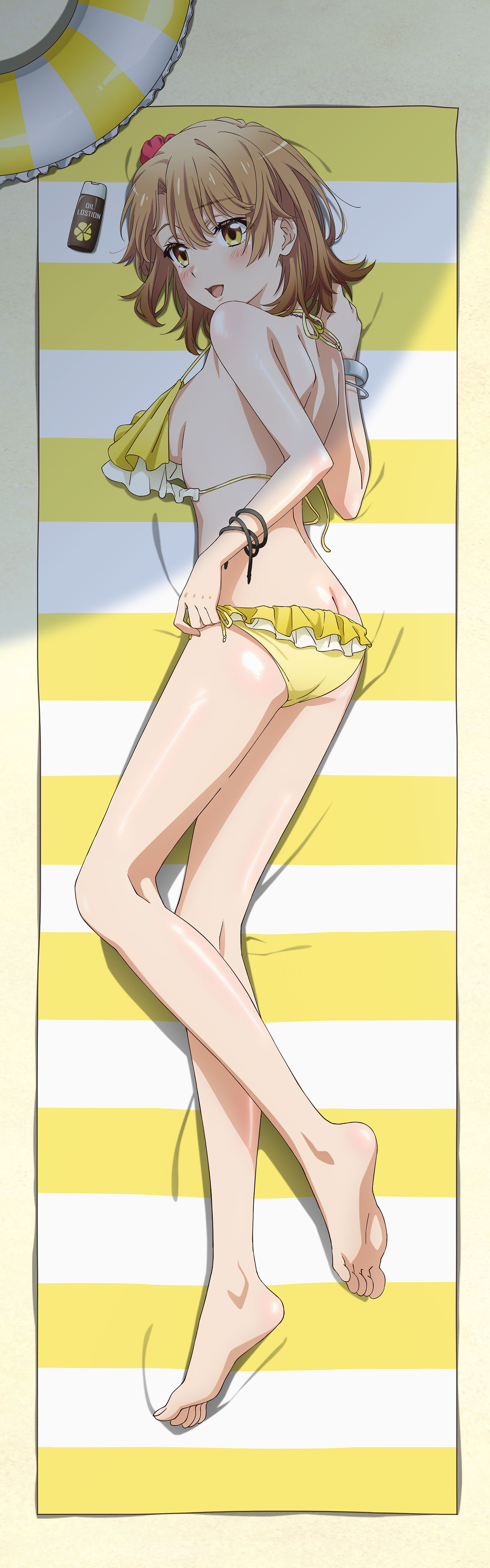 isshiki iroha, yahari ore no seishun lovecome wa machigatteiru., absurdres, highres, official art, 1girl, :d, ass, bare legs, beach, beach towel, bikini, bracket, breasts, brown eyes, brown hair, dakimakura (medium), day, feet, flower, frilled bikini, frills, from above, full body, hair flower, hair ornament, hibiscus, innertube, looking at viewer, lying, medium breasts, on side, open mouth, outdoors, red flower, sideboob, smile, soles, solo, swim ring, swimsuit, toes, towel, yellow bikini