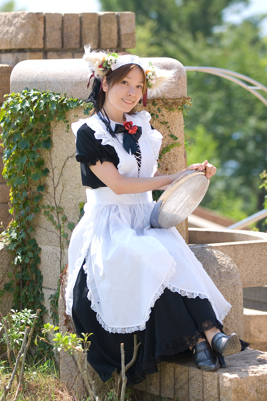 anya, highres, photo (medium), animal ears, apron, cosplay, dog ears, maid, maid apron, tray