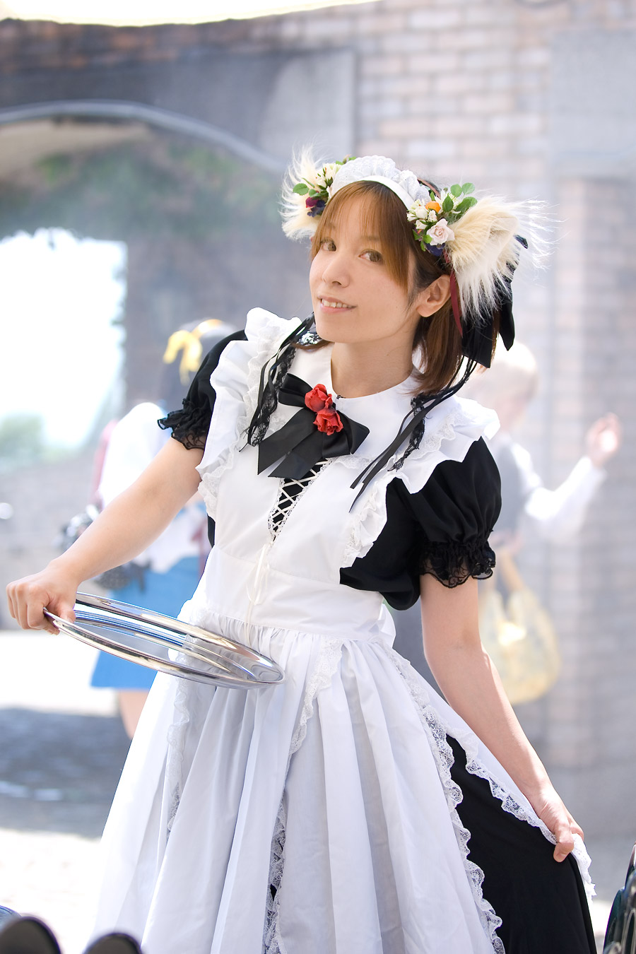 anya, highres, photo (medium), animal ears, apron, cosplay, dog ears, maid, maid apron, tray