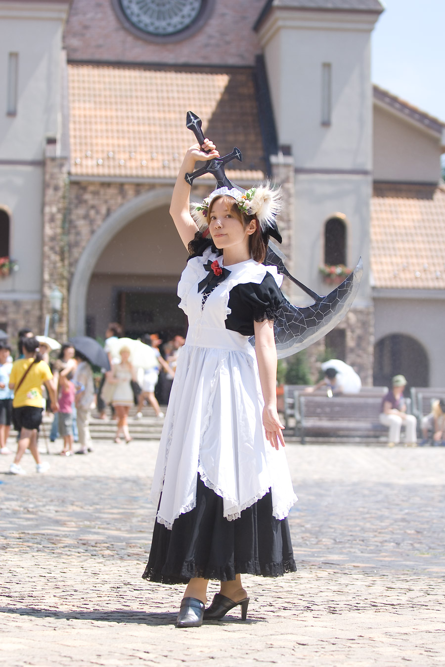 anya, highres, photo (medium), animal ears, apron, cosplay, dog ears, maid, maid apron, sword, weapon