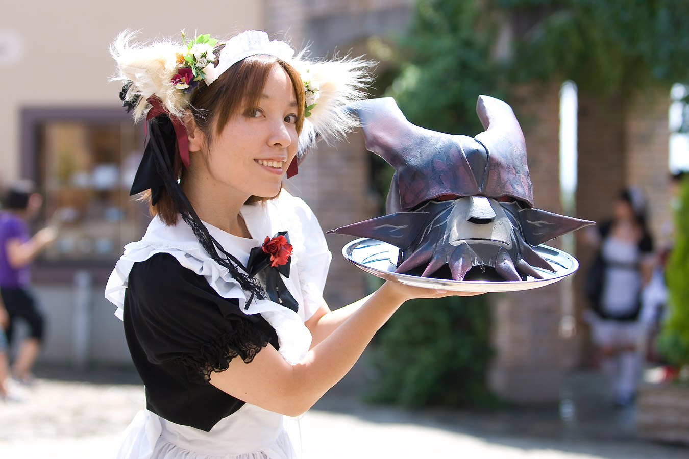 anya, photo (medium), animal ears, apron, cosplay, dog ears, helmet, maid, maid apron, tray