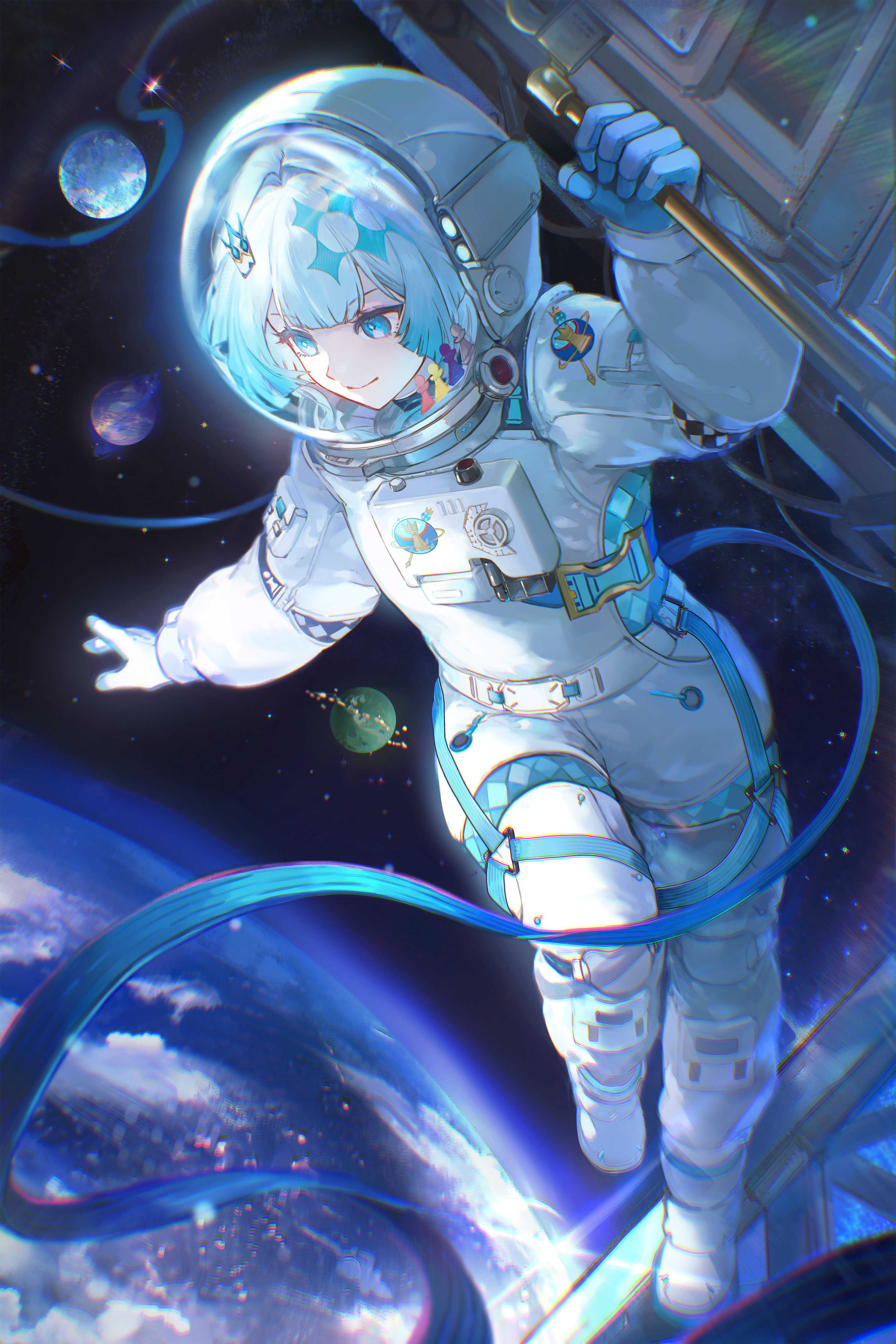 sanmen, cerydra (honkai: star rail), honkai: star rail, honkai (series), absurdres, highres, official art, second-party source, 1girl, blue eyes, bright pupils, closed mouth, earth (planet), full body, grey hair, hair ornament, helmet, long sleeves, looking to the side, outdoors, planet, smile, solo, space, space helmet, spacesuit, white pupils