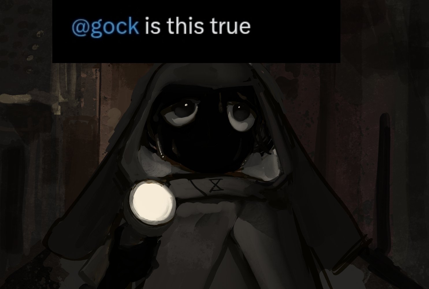 hatsburg, len'en, 1other, androgynous, animal ears, black cloak, black eyes, black hair, cloak, dark, ear covers, flashlight, game screenshot inset, grok is this true (meme), holding, holding flashlight, hood, hood up, hooded cloak, indoors, long animal ears, meme, nelo (len'en), no mouth, other focus, short hair, solo, upper body, wooden wall