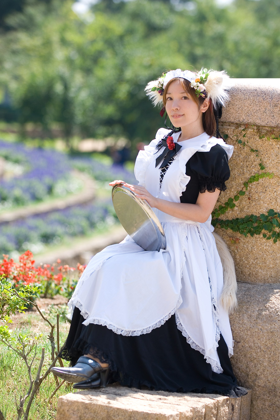 anya, highres, photo (medium), animal ears, apron, cosplay, dog ears, maid, maid apron, tail, tray