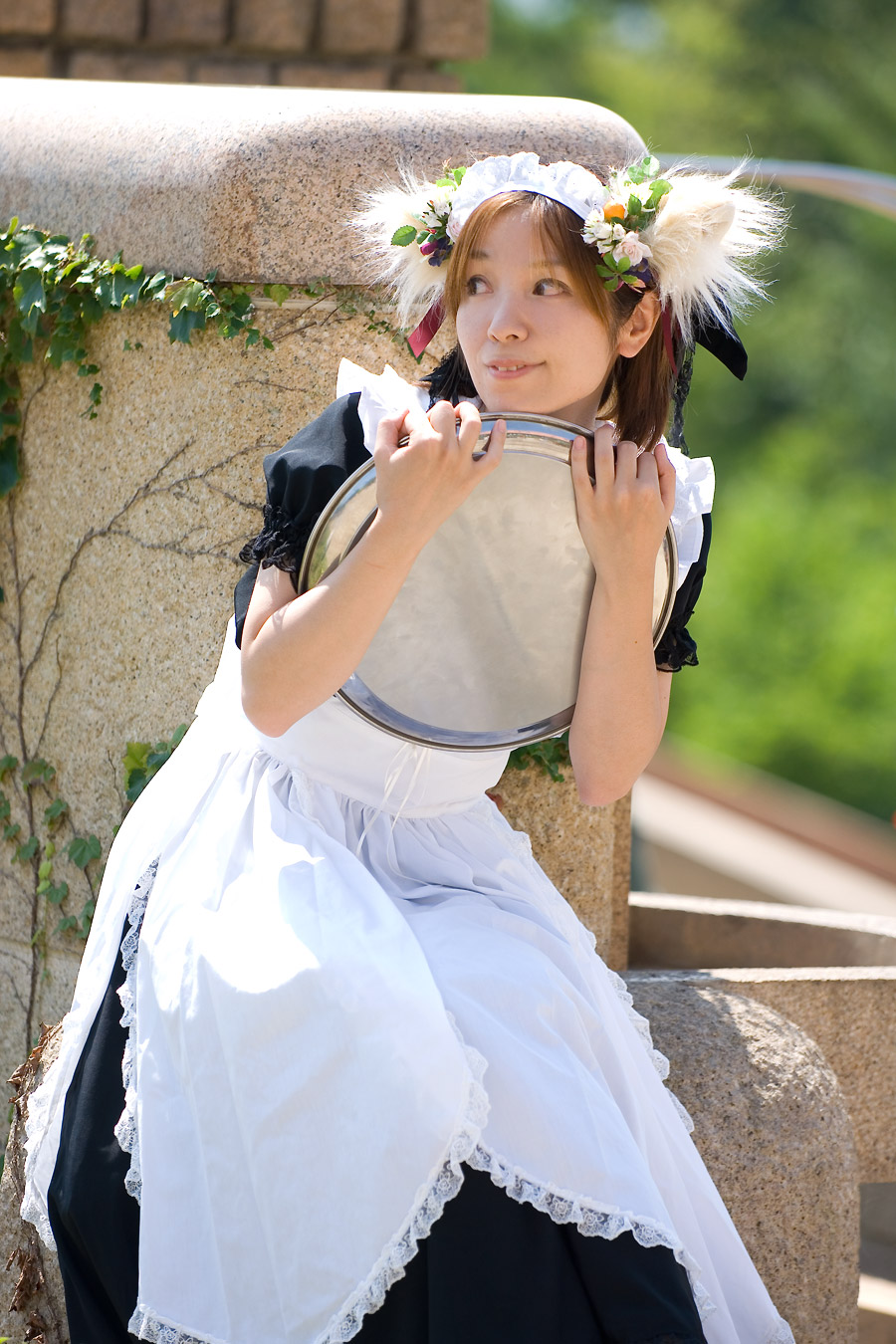anya, highres, photo (medium), animal ears, apron, cosplay, dog ears, maid, maid apron, tray
