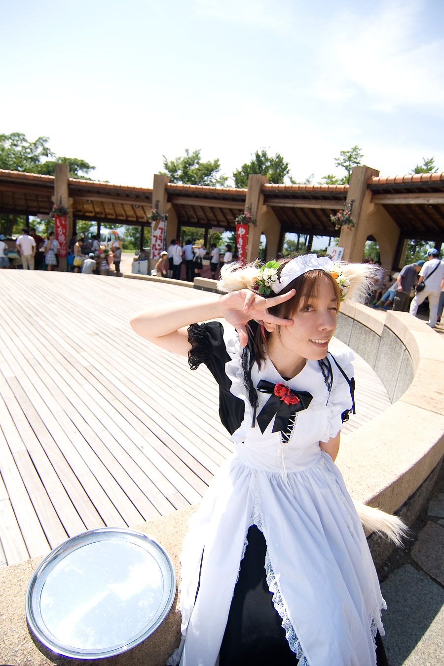 anya, highres, photo (medium), animal ears, apron, cosplay, dog ears, maid, maid apron, reflecting dish, tail, tray